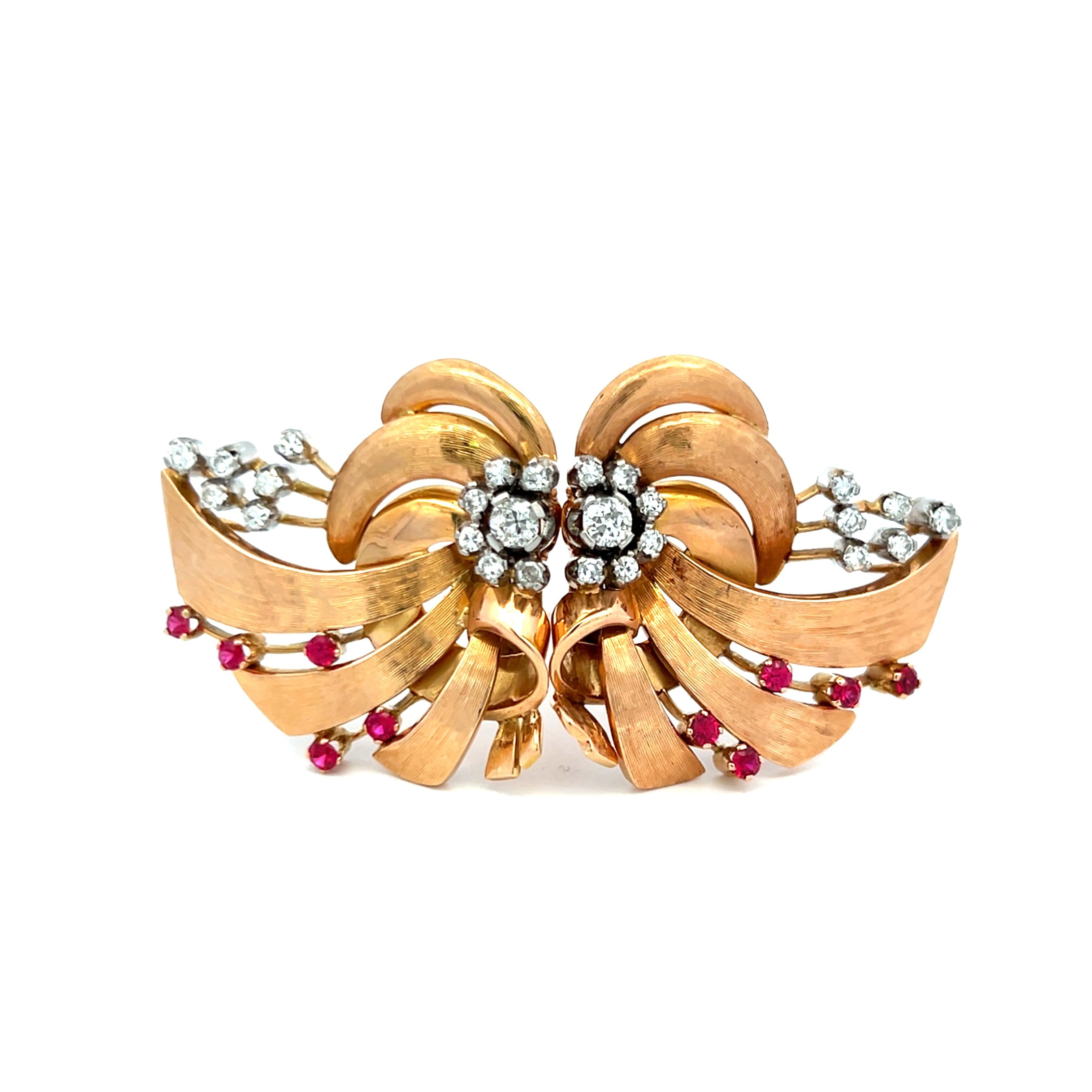 Vintage 1.70ct Diamond & Ruby 18K Rose Gold Retro Ribbon Pin Brooch