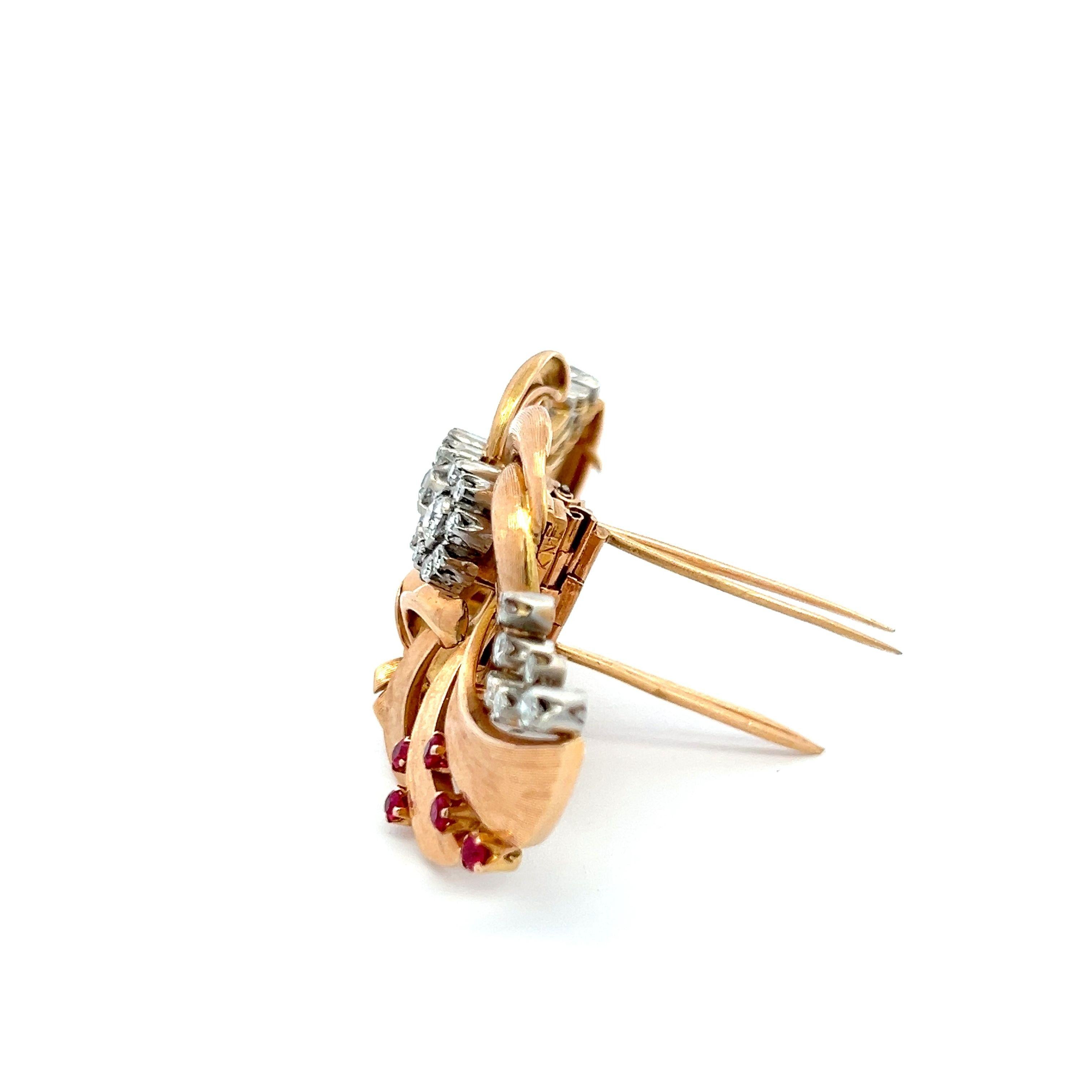 Vintage 1.70ct Diamond & Ruby 18K Rose Gold Retro Ribbon Pin Brooch