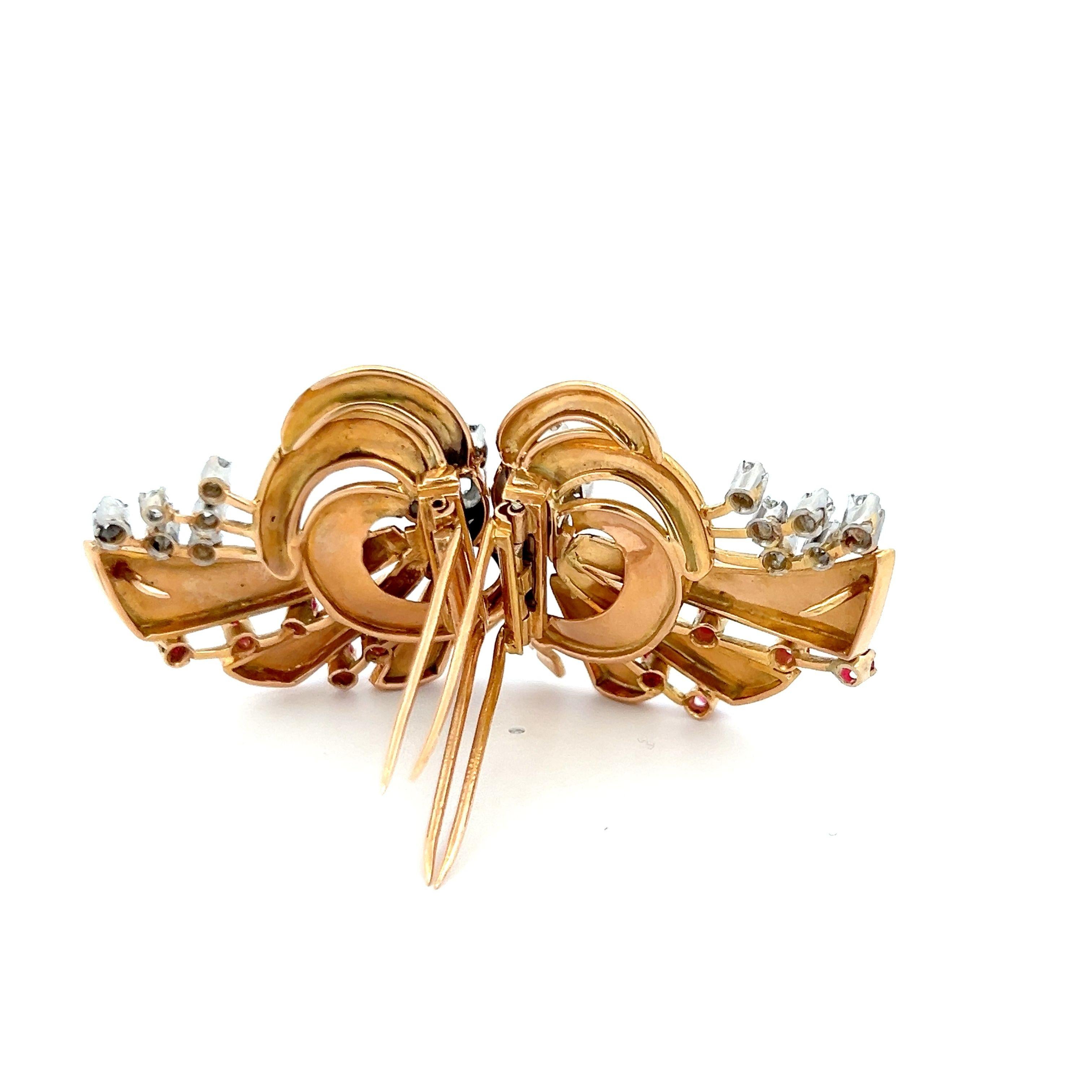 Vintage 1.70ct Diamond & Ruby 18K Rose Gold Retro Ribbon Pin Brooch