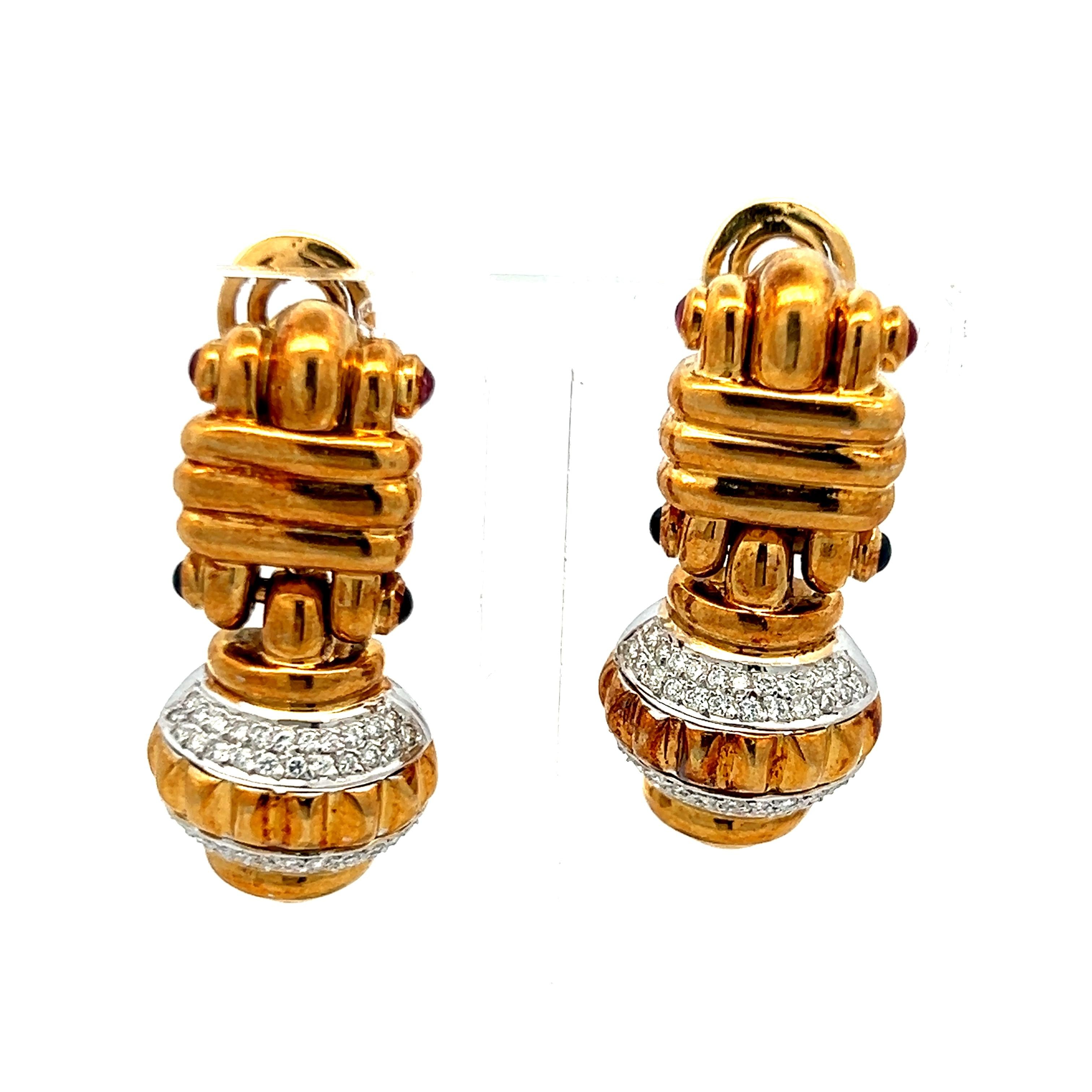 18K Two Tone Gold Clip-On Earrings 0.23ct Diamonds 0.12ct Ruby & 0.12ct Sapphire