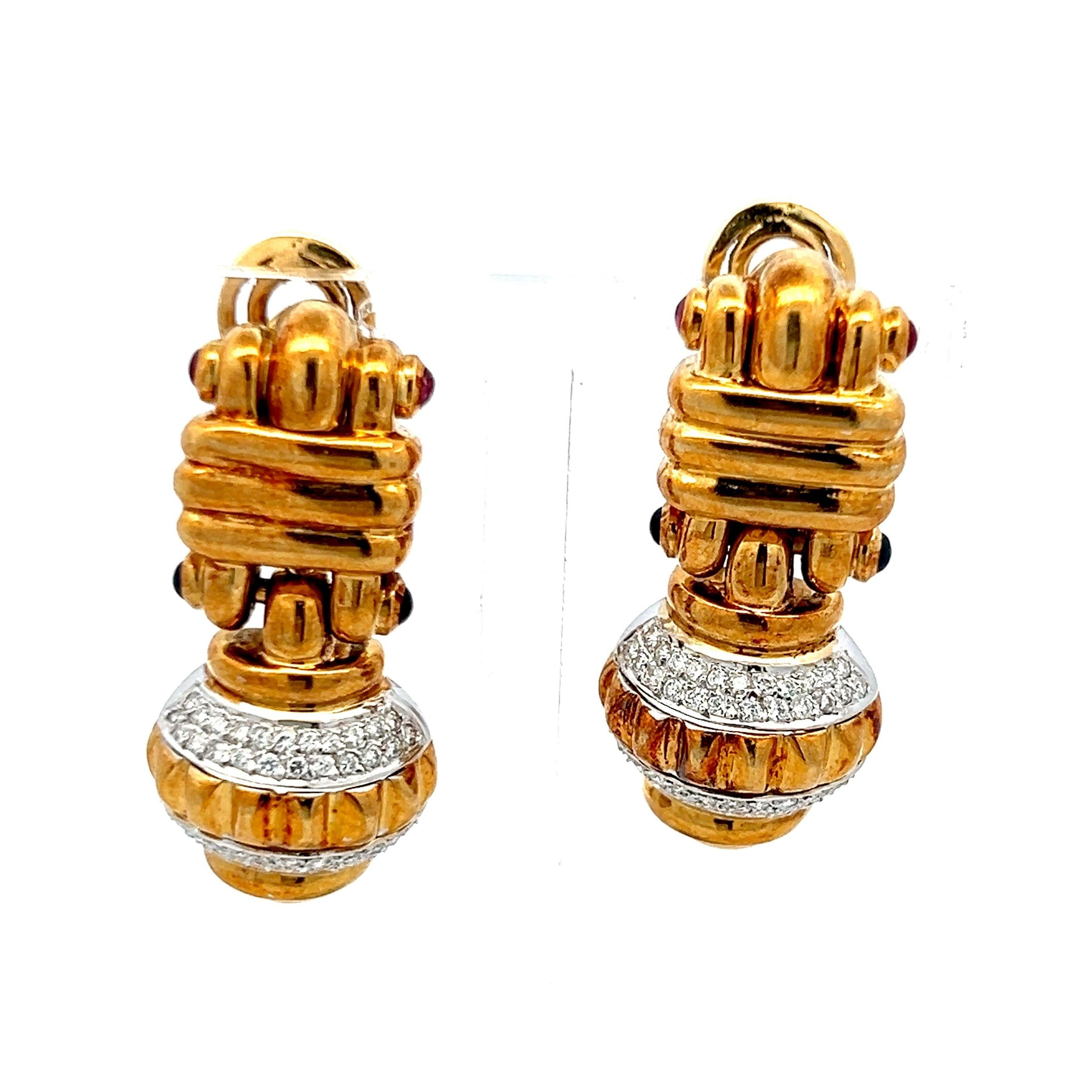 18K Two Tone Gold Clip-On Earrings 0.23ct Diamonds 0.12ct Ruby & 0.12ct Sapphire