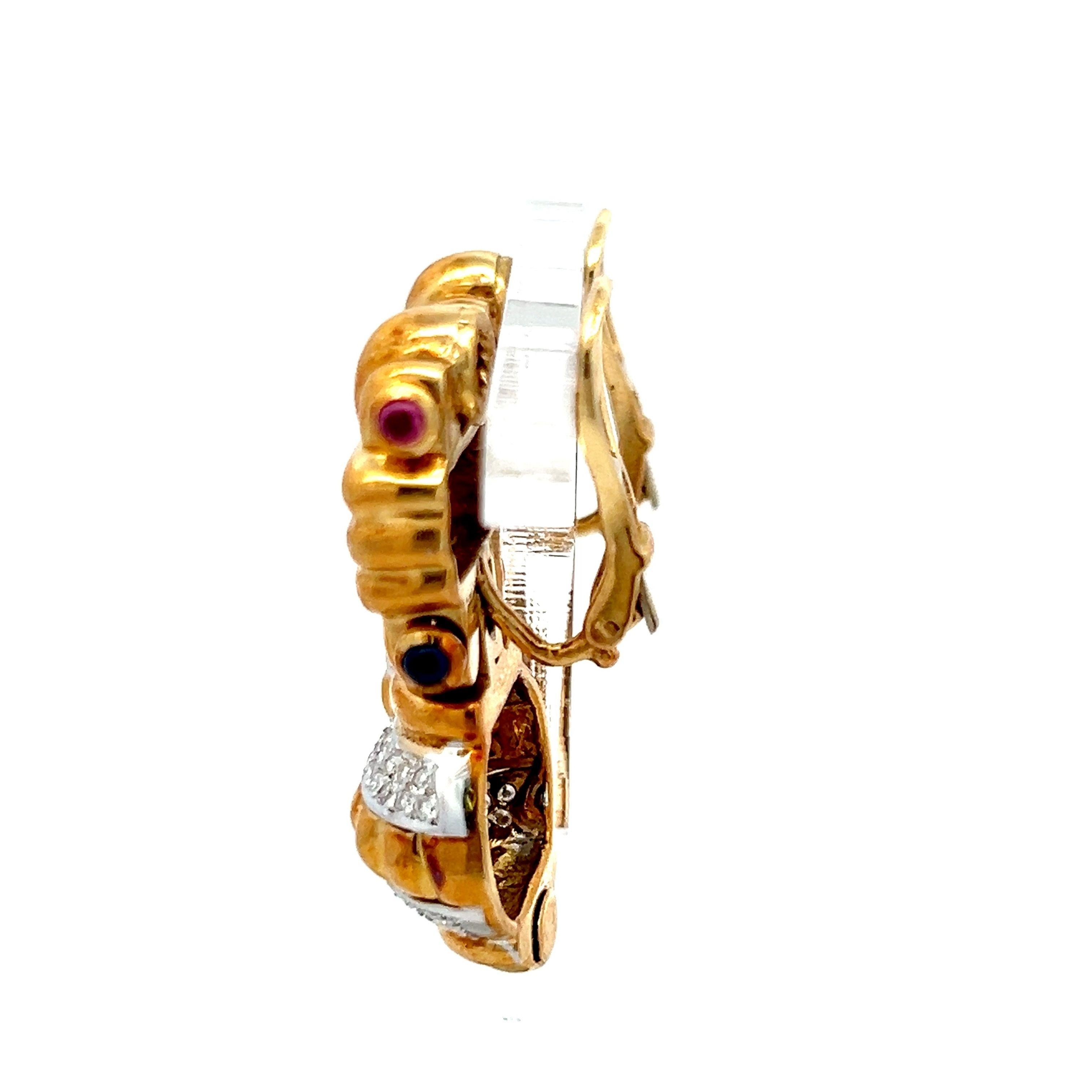 18K Two Tone Gold Clip-On Earrings 0.23ct Diamonds 0.12ct Ruby & 0.12ct Sapphire