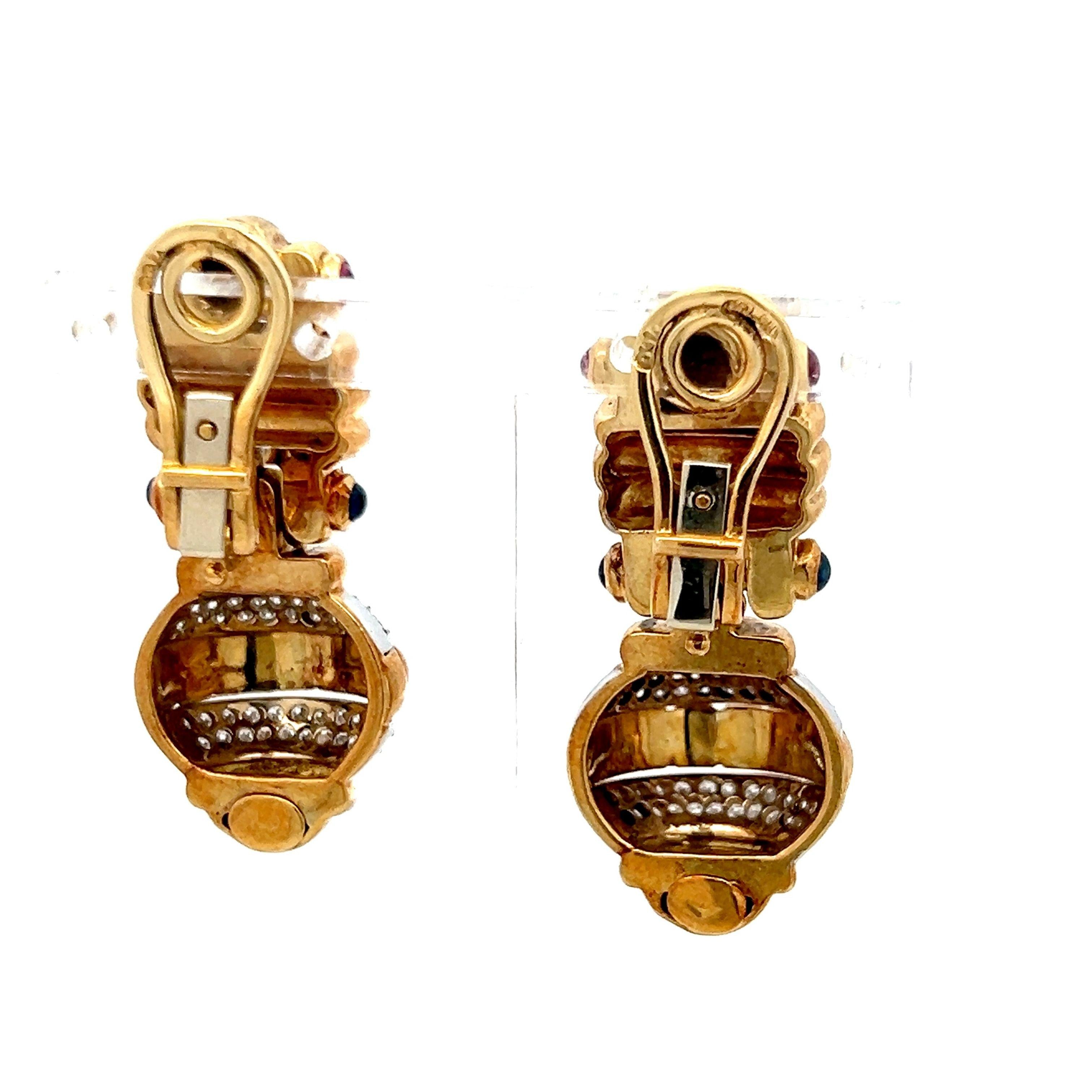 18K Two Tone Gold Clip-On Earrings 0.23ct Diamonds 0.12ct Ruby & 0.12ct Sapphire