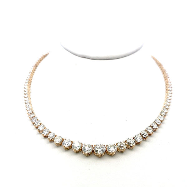 20.15 Carat Round Brilliant F-L SI1 Diamond 14 Karat Yellow Gold Riviera Necklace