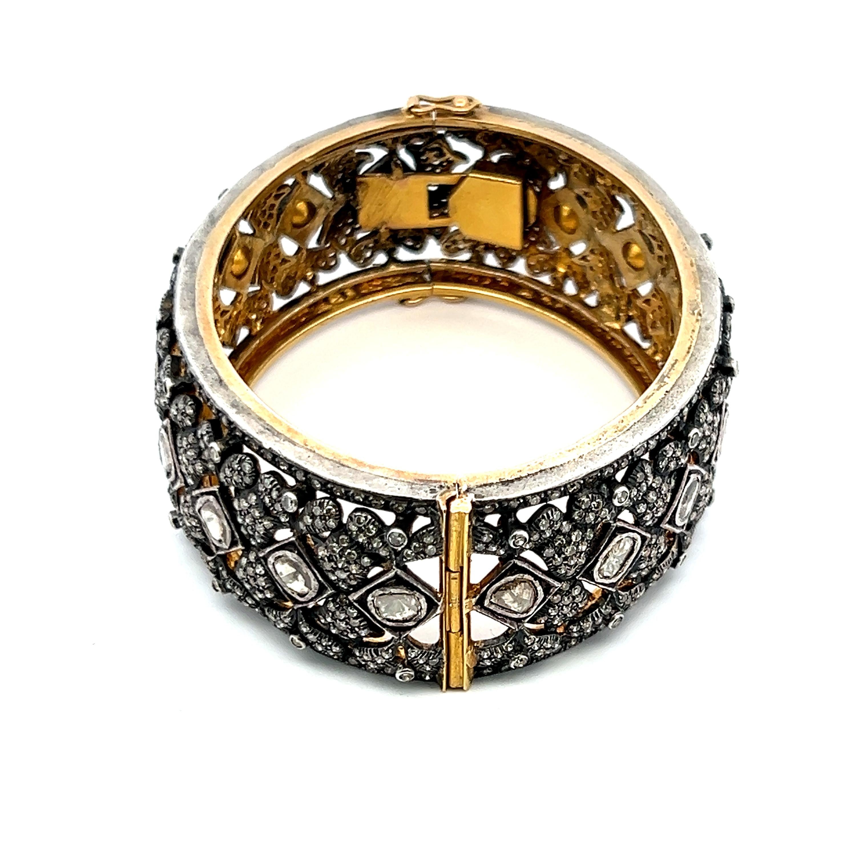Antique Two Tone Gold/Slv Bangle Bracelet with 12.6ct Round & Rose Cut Diamonds