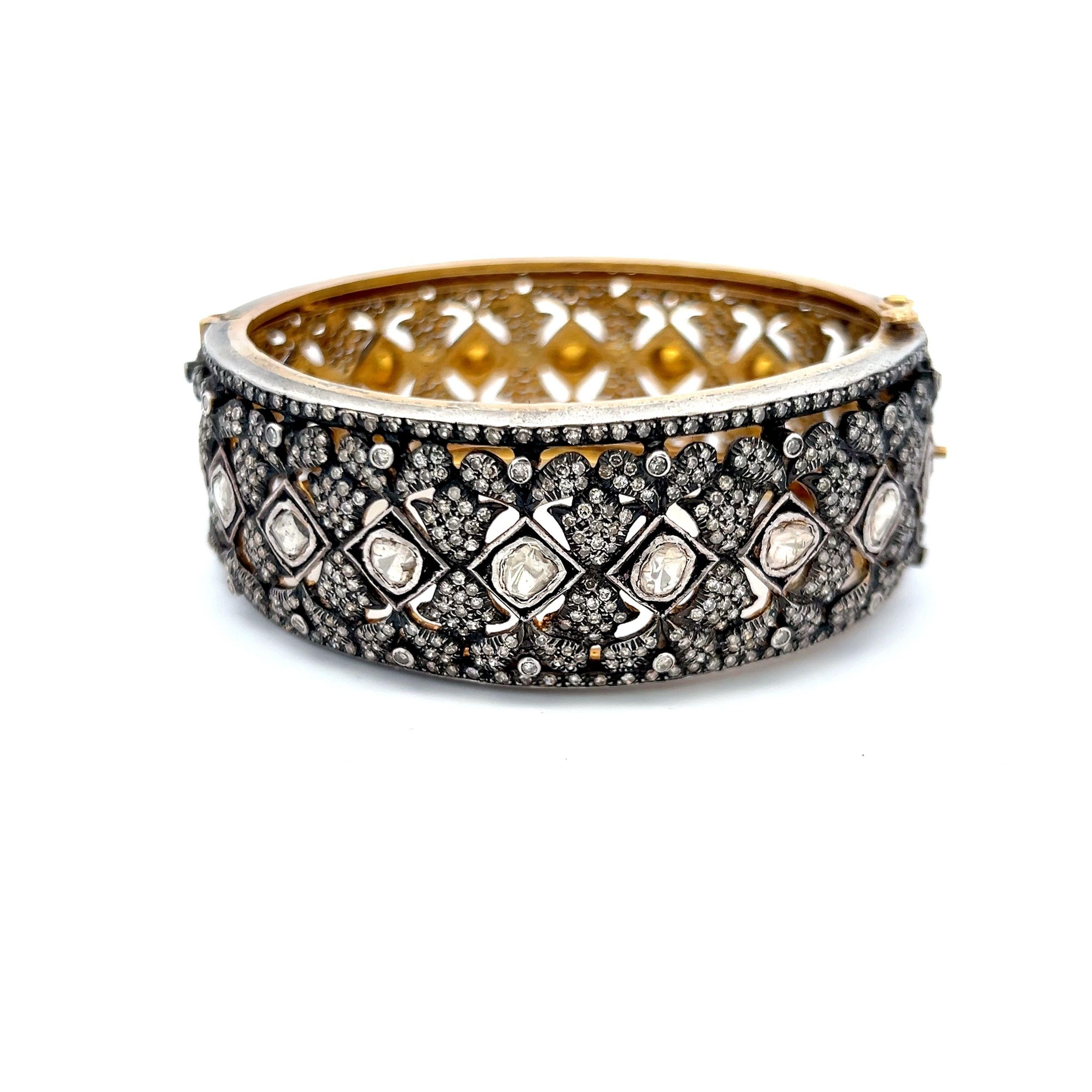 Antique Two Tone Gold/Slv Bangle Bracelet with 12.6ct Round & Rose Cut Diamonds