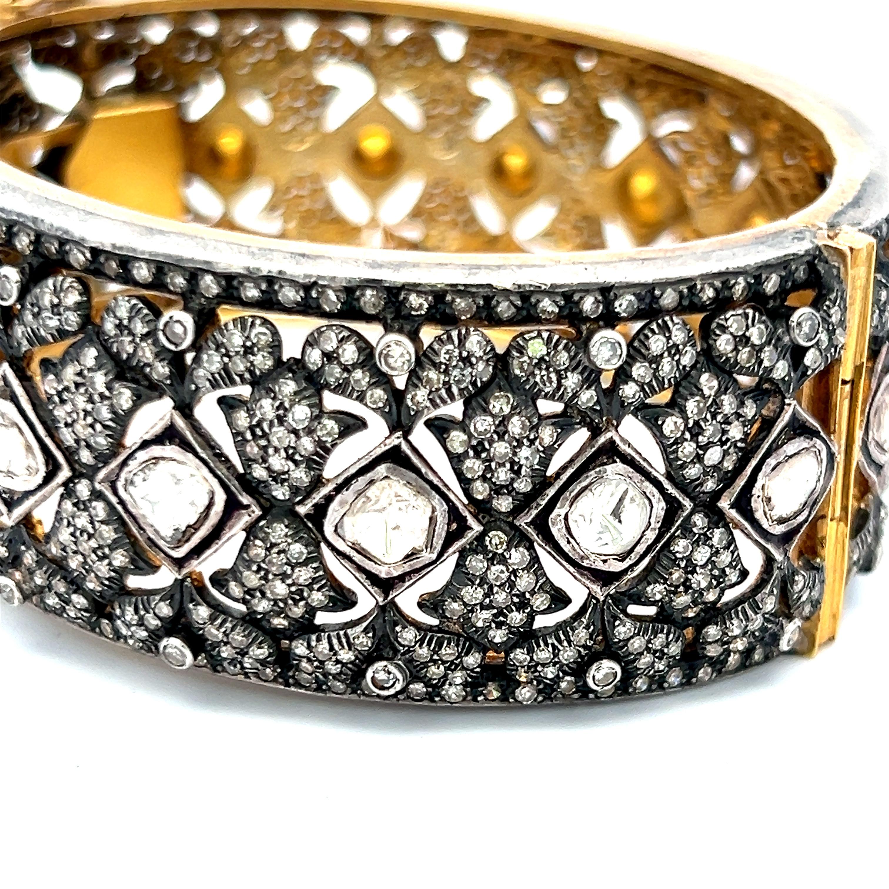 Antique Two Tone Gold/Slv Bangle Bracelet with 12.6ct Round & Rose Cut Diamonds