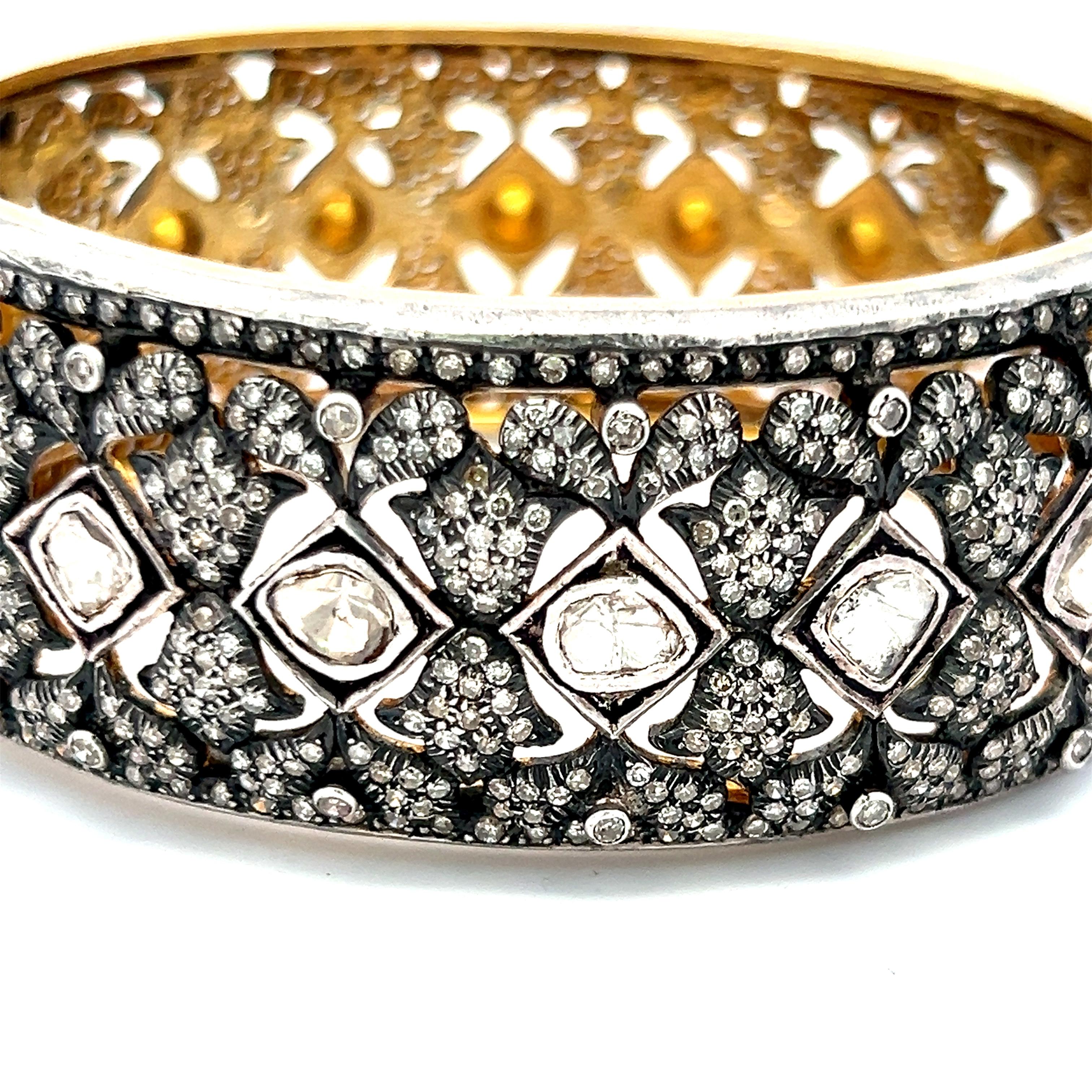 Antique Two Tone Gold/Slv Bangle Bracelet with 12.6ct Round & Rose Cut Diamonds