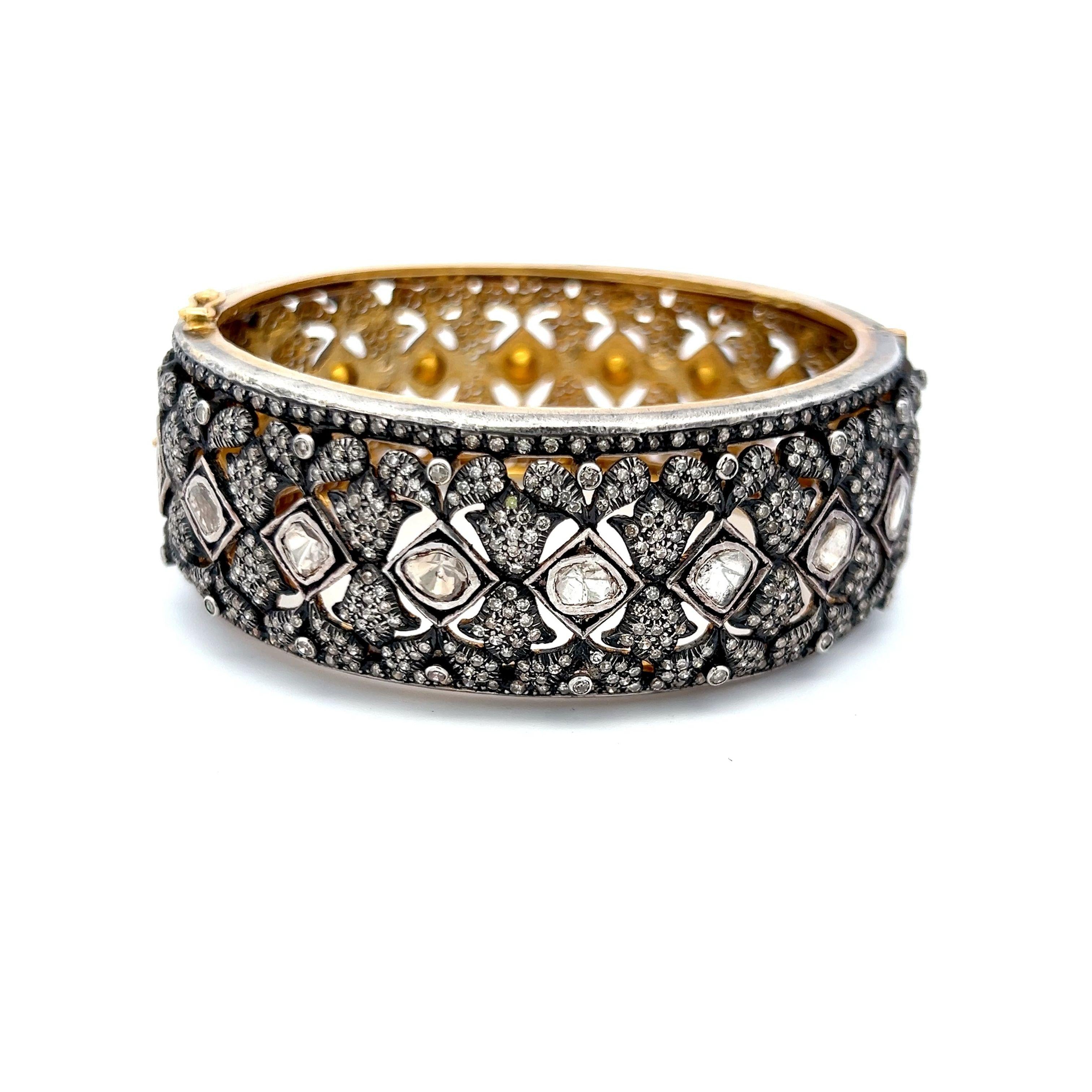 Antique 12.60ct Rose & Round Diamond Bangle in Two-Tone Gold and Silver
