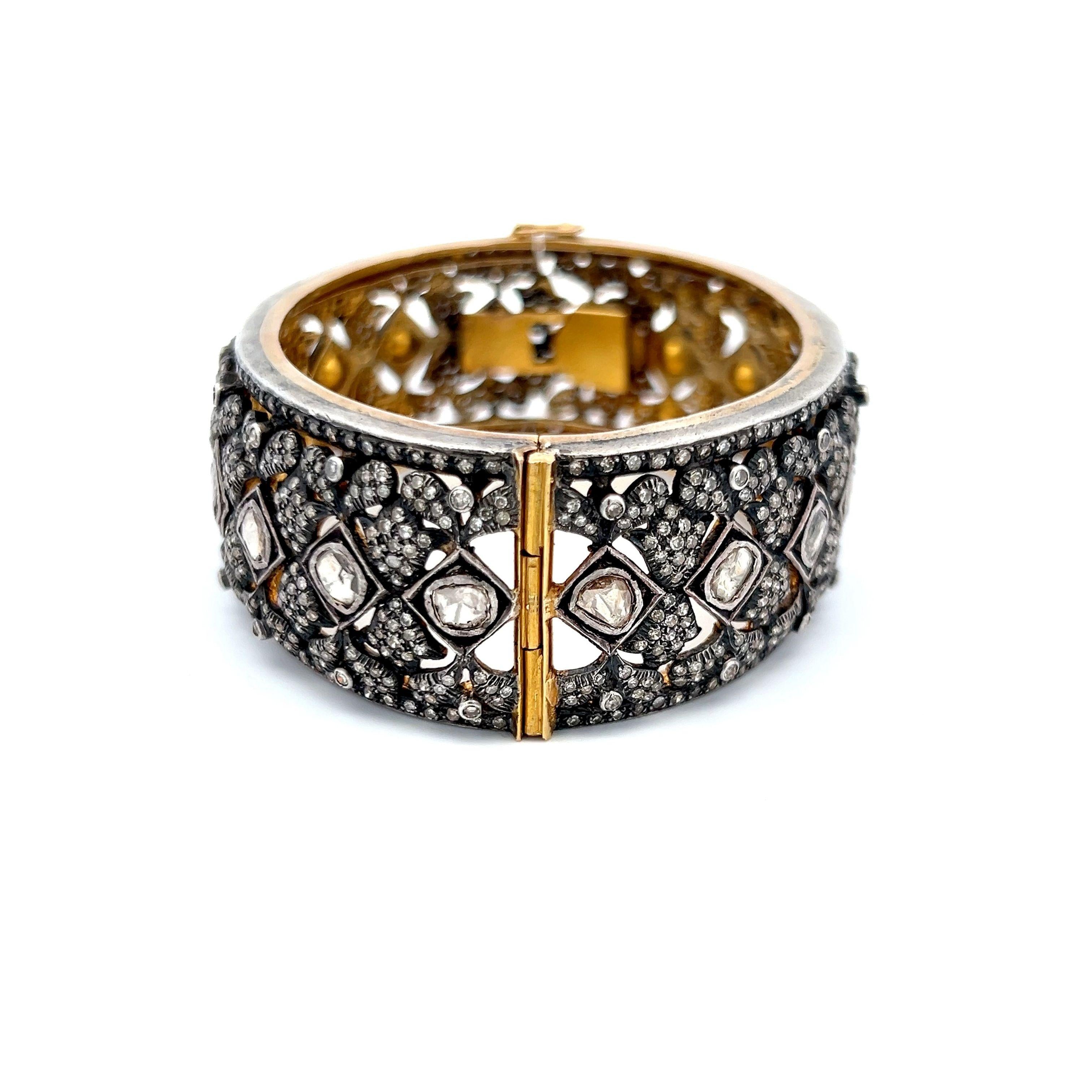 Antique Two Tone Gold/Slv Bangle Bracelet with 12.6ct Round & Rose Cut Diamonds