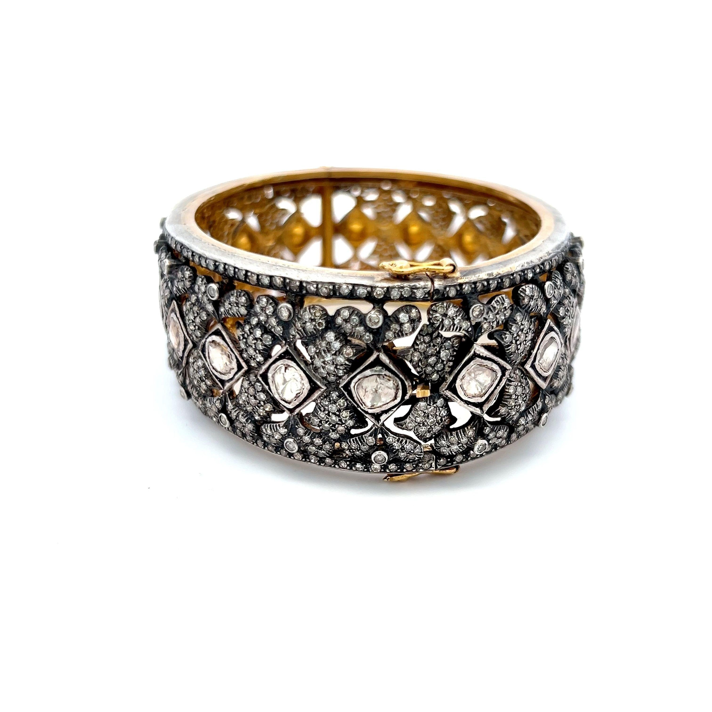 Antique Two Tone Gold/Slv Bangle Bracelet with 12.6ct Round & Rose Cut Diamonds