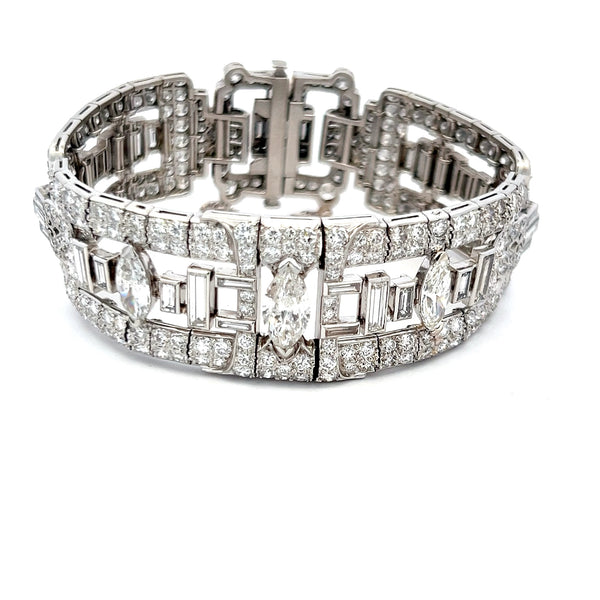 22.69 Carat Old European and Marquis Diamond Platinum Art-Deco Bracelet