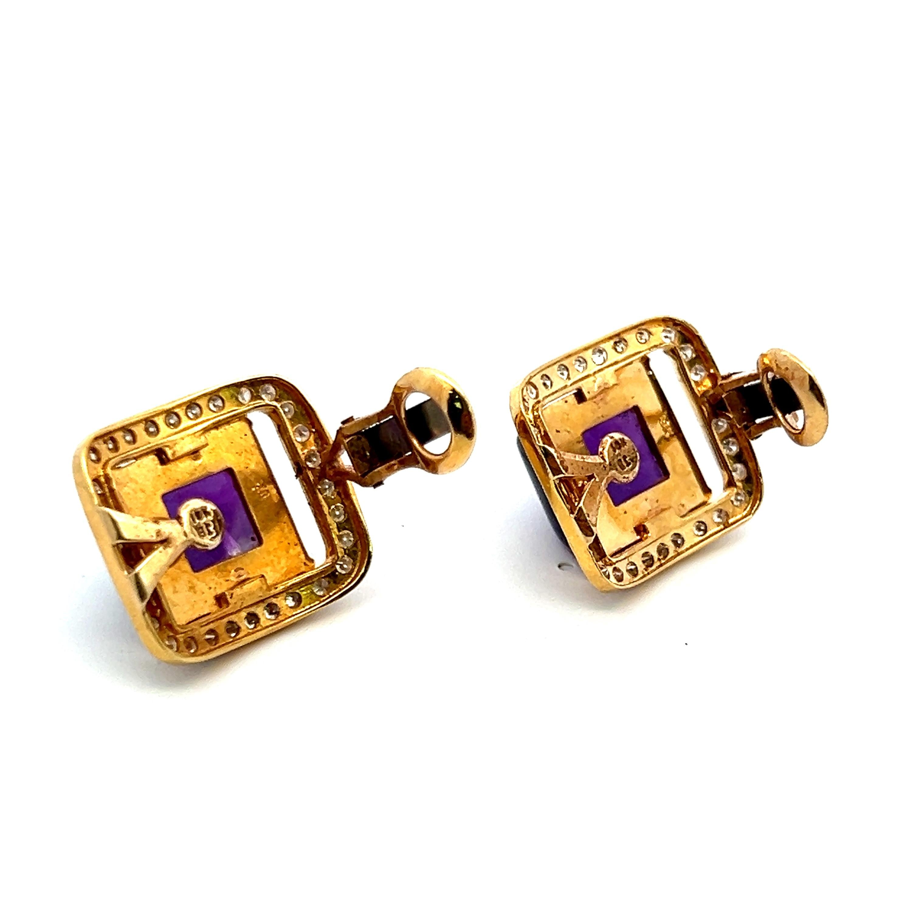 18K Yellow Gold Clip On Earrings with 2.56ct Round Diamonds & 27.5ct Amethyst