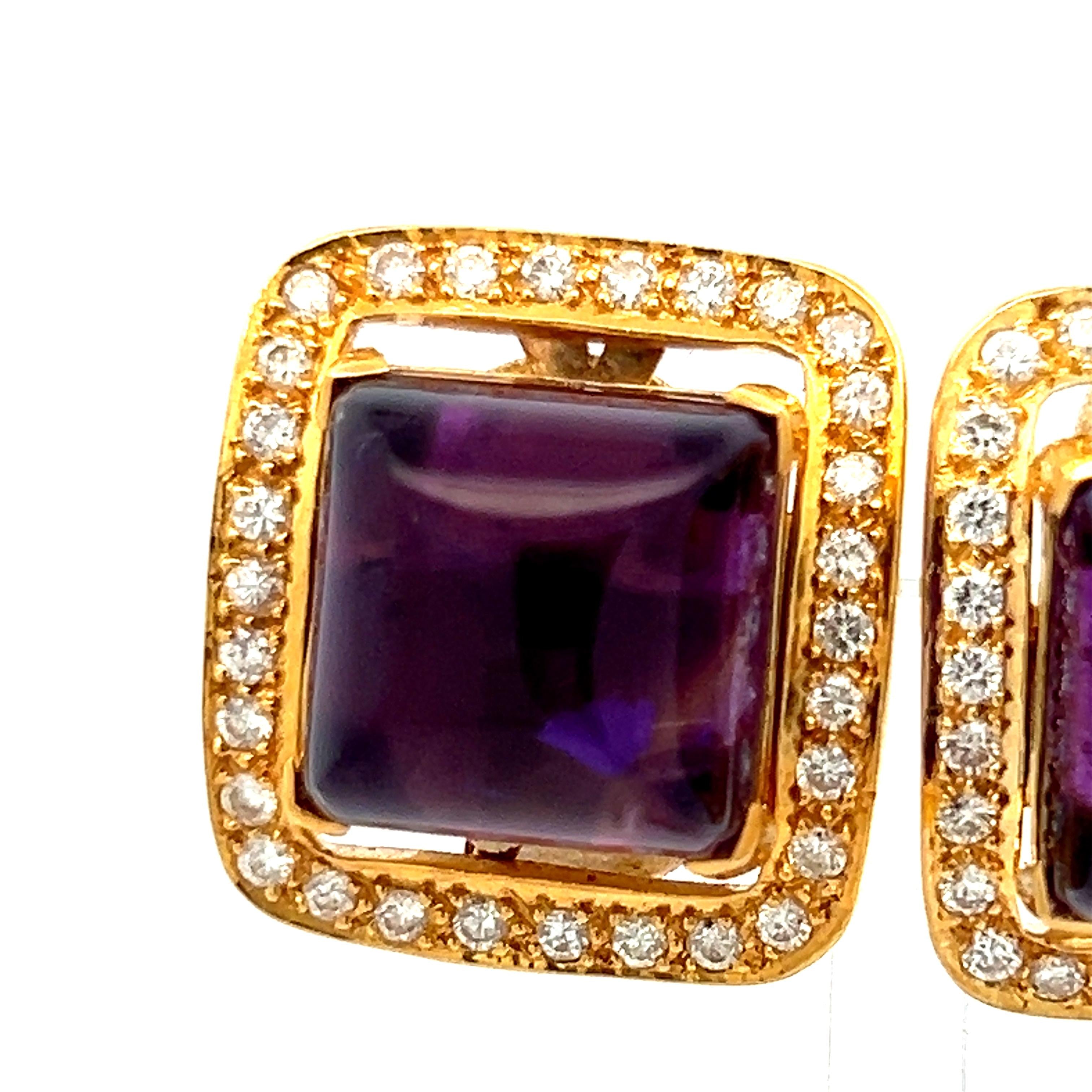 18K Yellow Gold Clip On Earrings with 2.56ct Round Diamonds & 27.5ct Amethyst