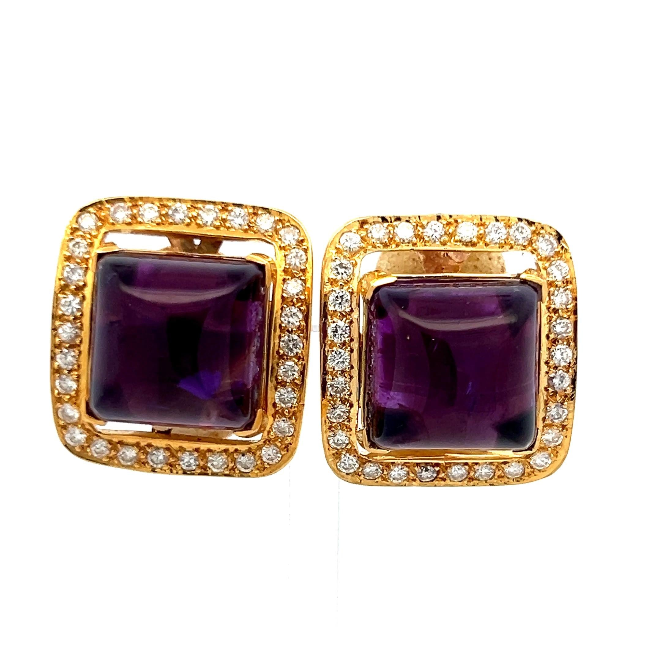 18K Yellow Gold Clip On Earrings with 2.56ct Round Diamonds & 27.5ct Amethyst