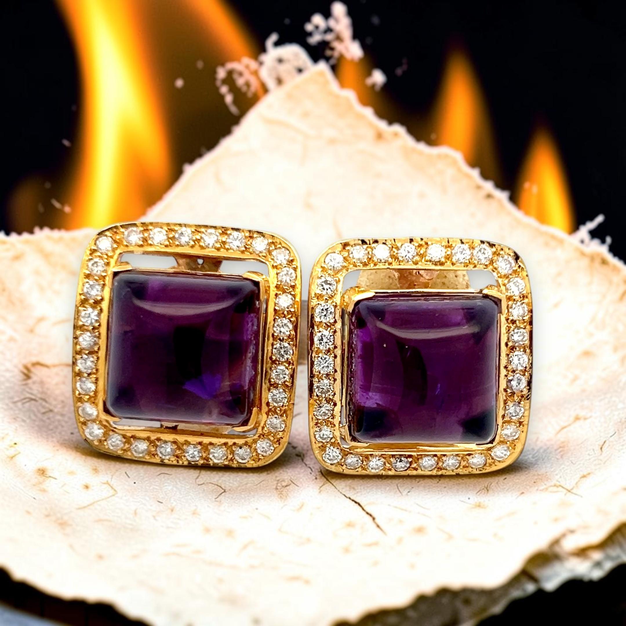 18K Yellow Gold Clip On Earrings with 2.56ct Round Diamonds & 27.5ct Amethyst