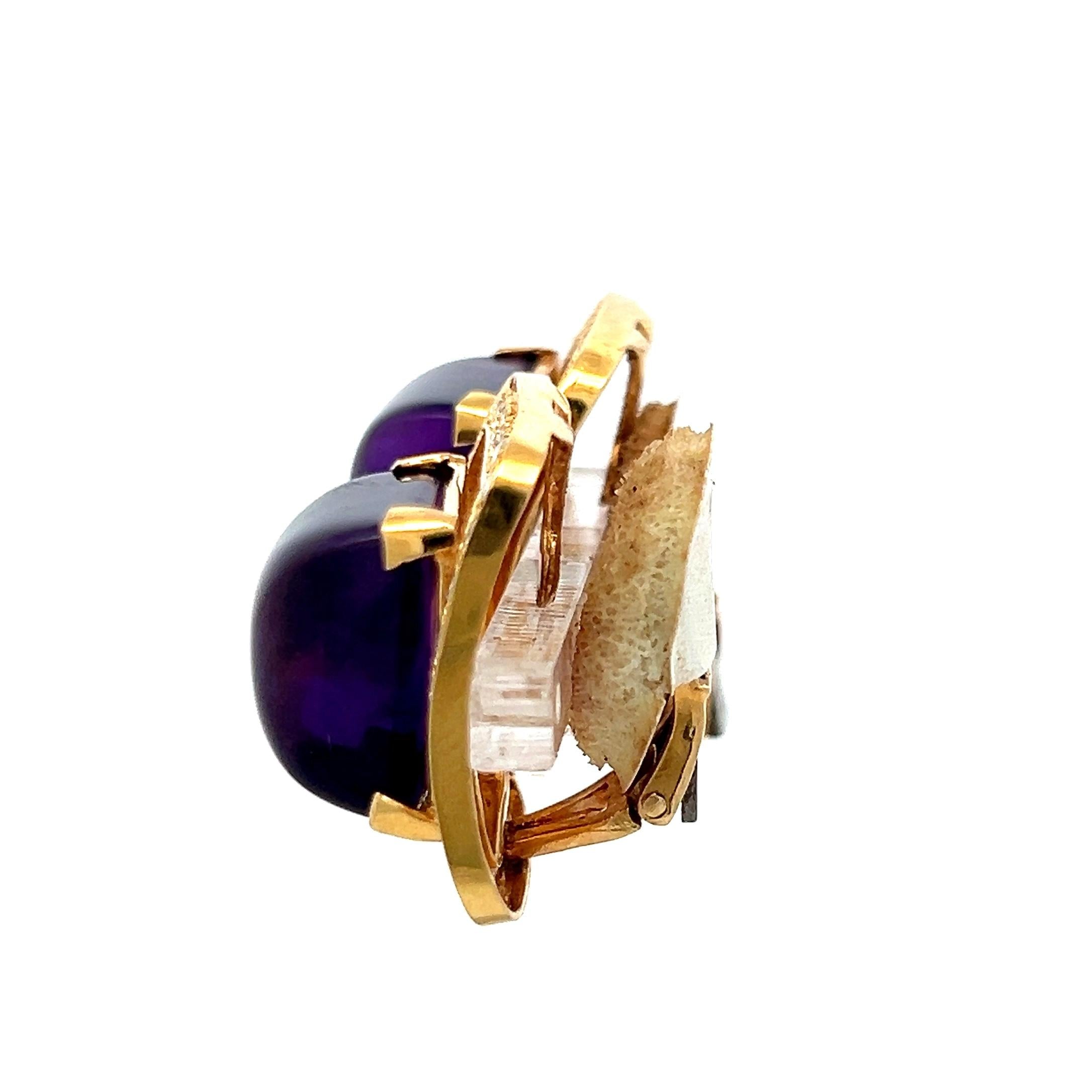 18K Yellow Gold Clip On Earrings with 2.56ct Round Diamonds & 27.5ct Amethyst