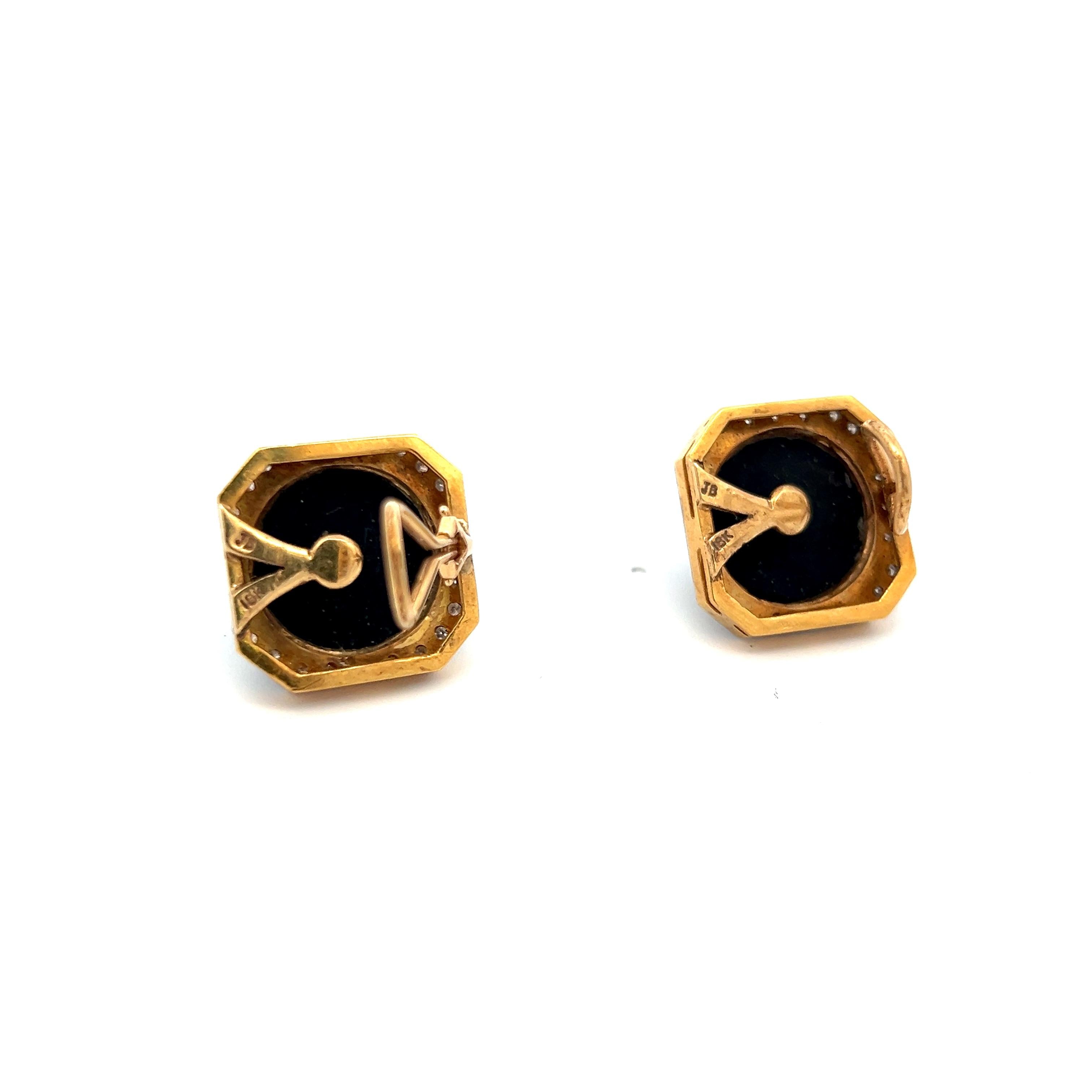 18K YG Clip On Earrings with 0.76 Carat Round H SI1 Diamonds & 26 Carat Onyx