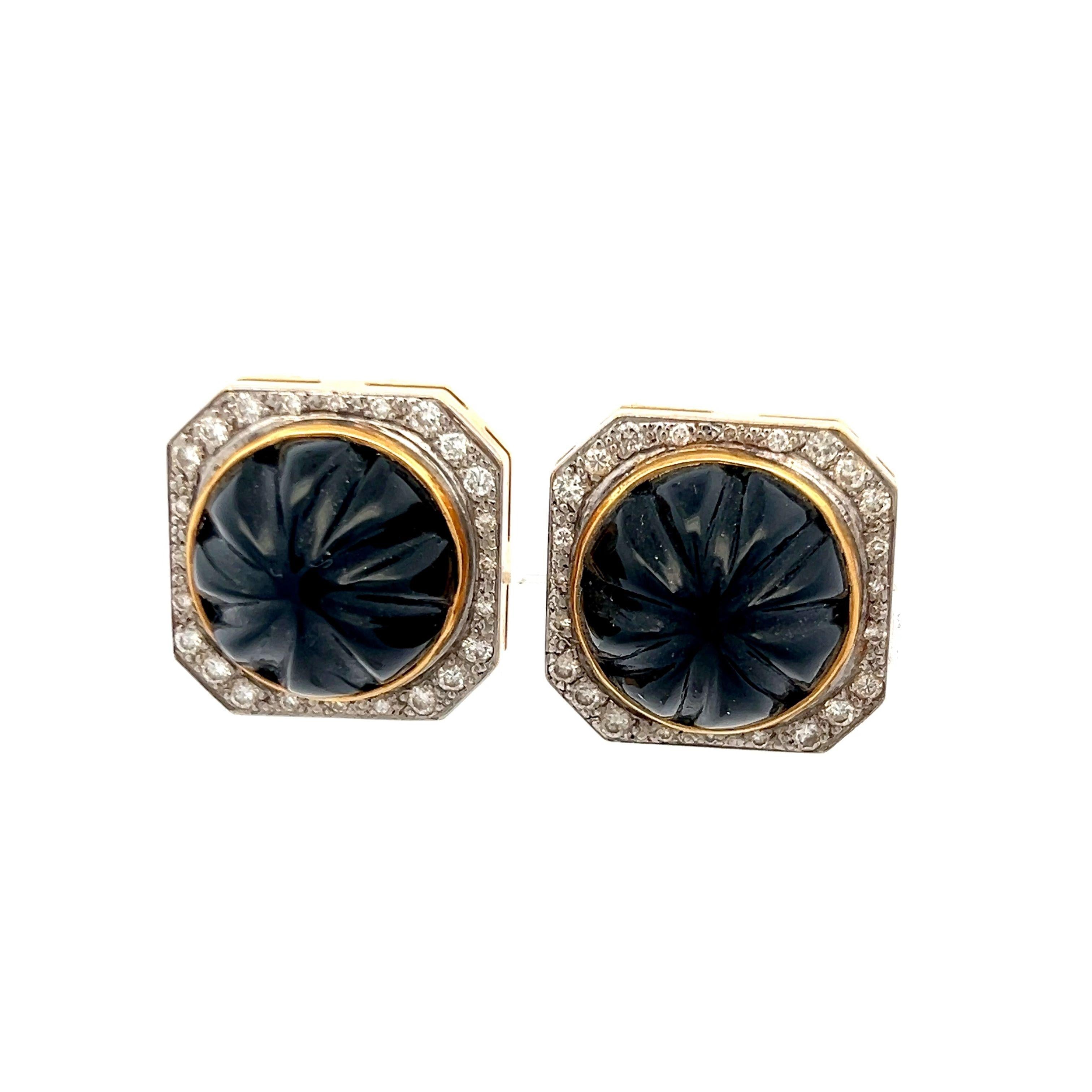 18K YG Clip On Earrings with 0.76 Carat Round H SI1 Diamonds & 26 Carat Onyx