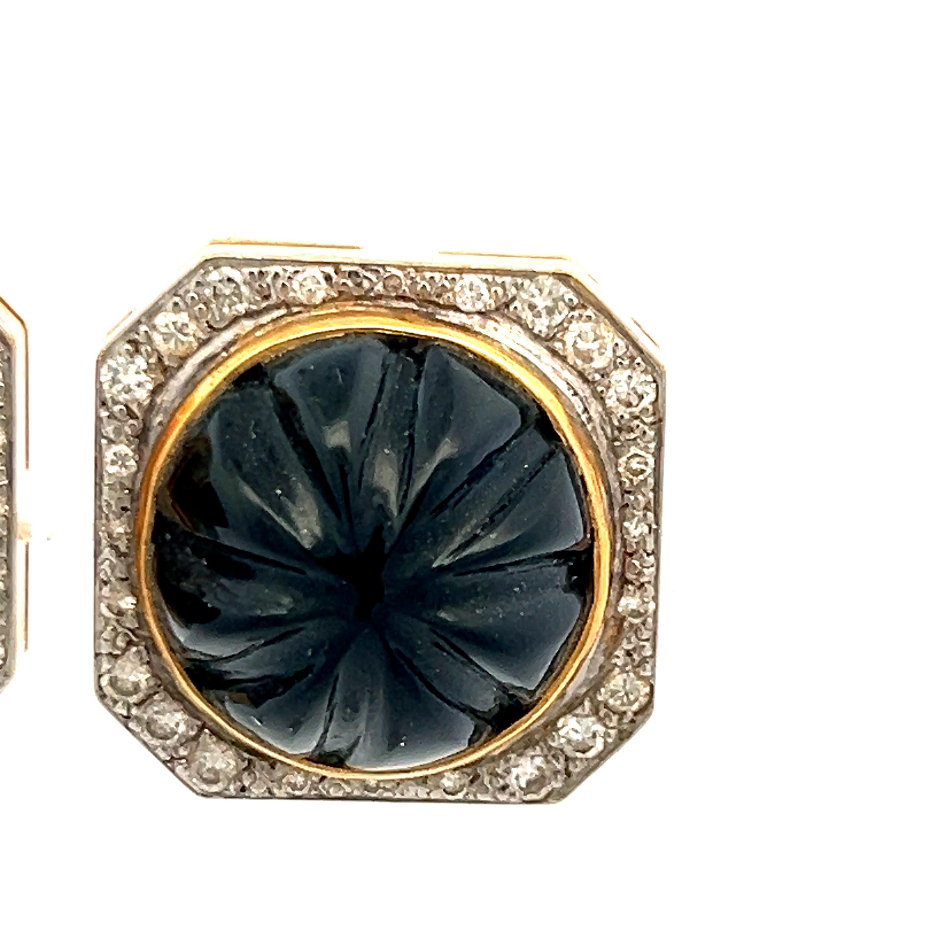 18K YG Clip On Earrings with 0.76 Carat Round H SI1 Diamonds & 26 Carat Onyx