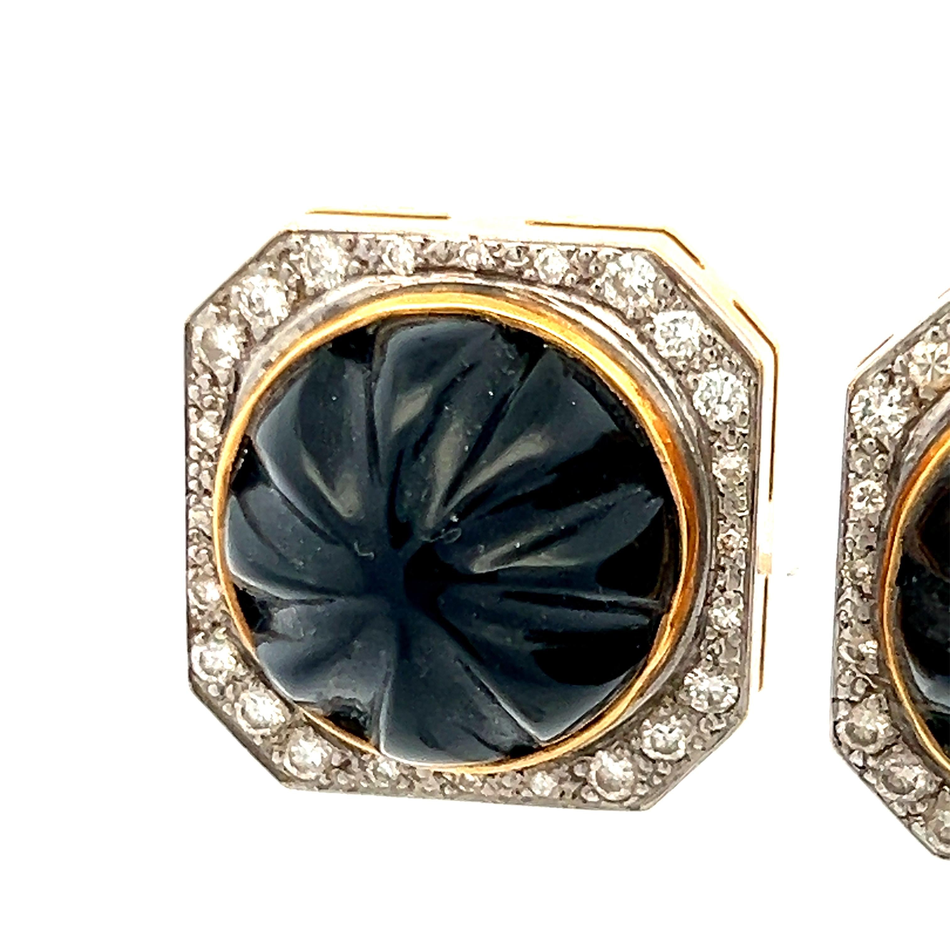 18K YG Clip On Earrings with 0.76 Carat Round H SI1 Diamonds & 26 Carat Onyx