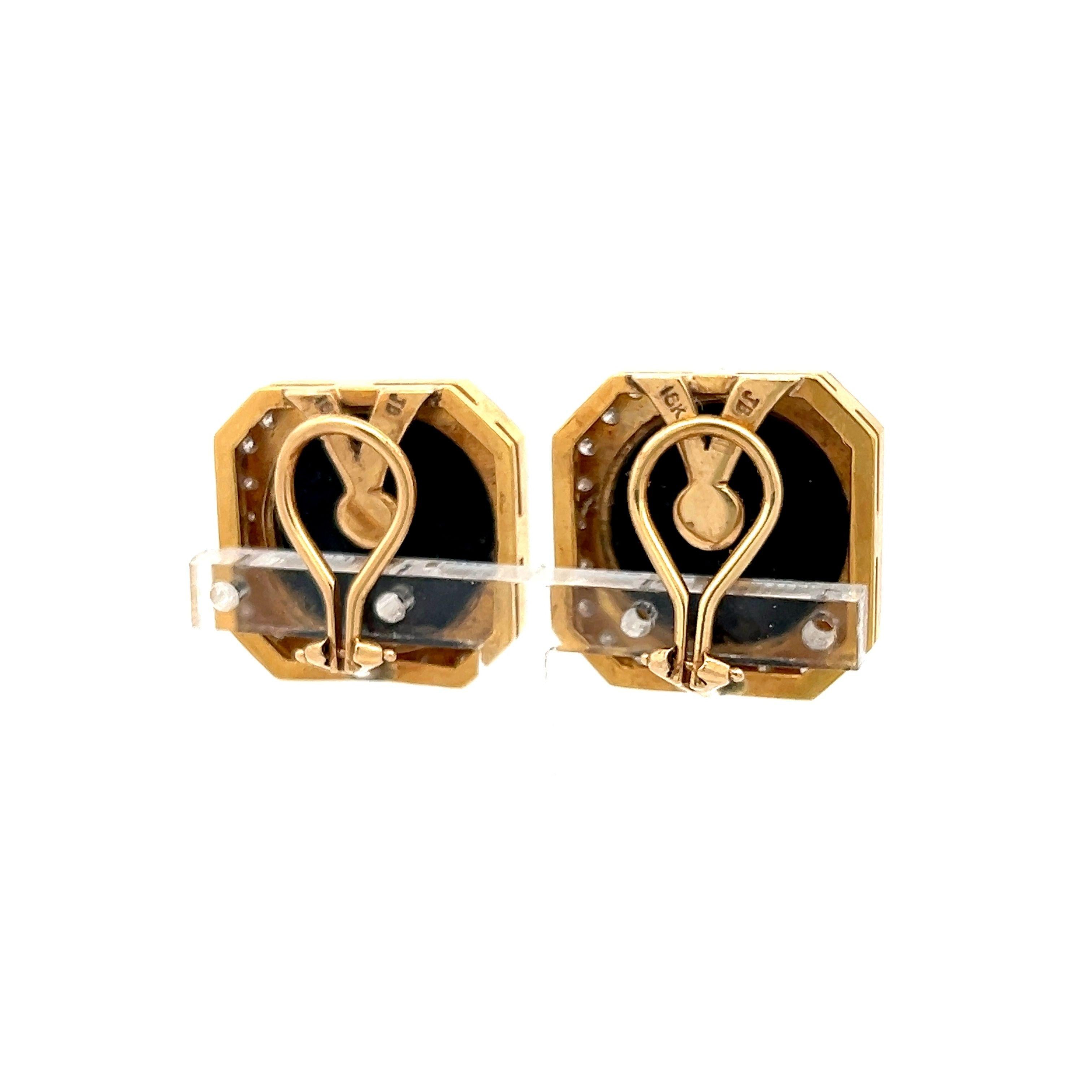 18K YG Clip On Earrings with 0.76 Carat Round H SI1 Diamonds & 26 Carat Onyx