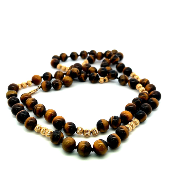 10.20MM Tiger-Eye Beed 18 Karat Yellow Gold Beed Necklace