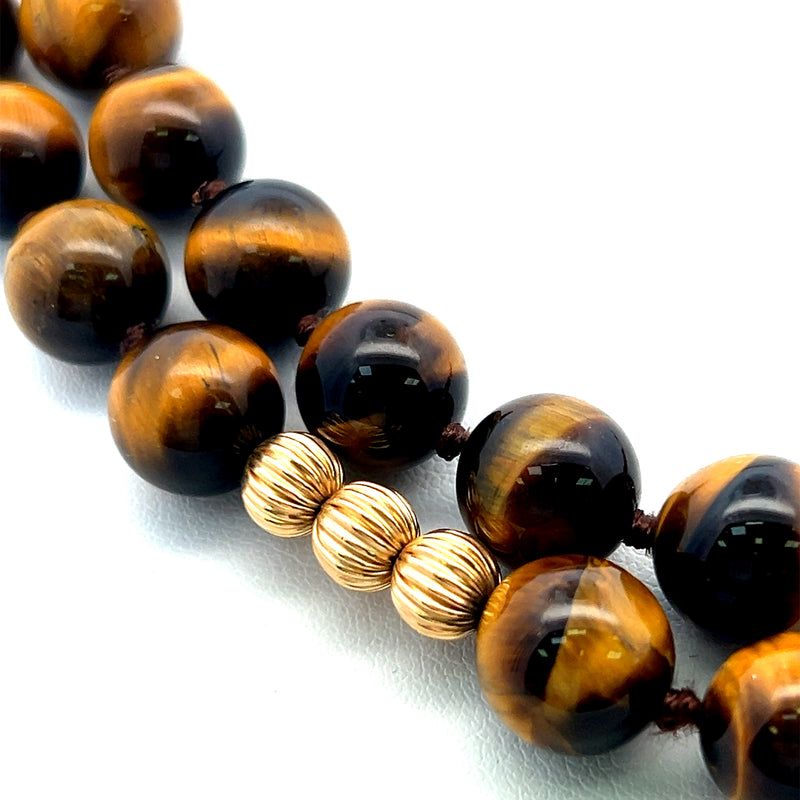 10.20MM Tiger-Eye Beed 18 Karat Yellow Gold Beed Necklace