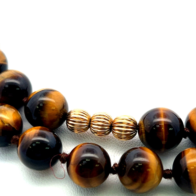 10.20MM Tiger-Eye Beed 18 Karat Yellow Gold Beed Necklace