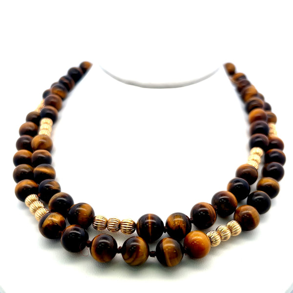 10.20MM Tiger-Eye Beed 18 Karat Yellow Gold Beed Necklace