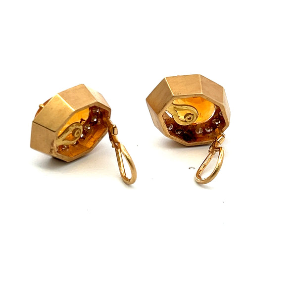 21.00 Carat Citrine 1.26 Carat Round Brilliant Diamond 14K YG Clip On Earrings