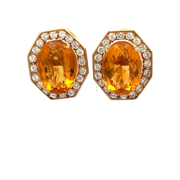 21.00 Carat Citrine 1.26 Carat Round Brilliant Diamond 14K YG Clip On Earrings