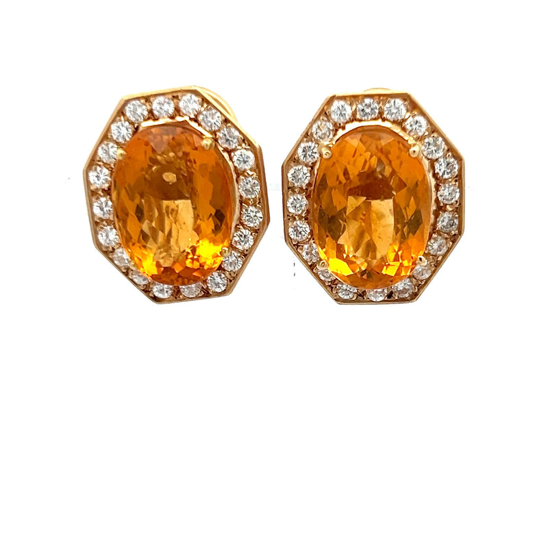 21.00 Carat Citrine 1.26 Carat Round Brilliant Diamond 14K YG Clip On Earrings