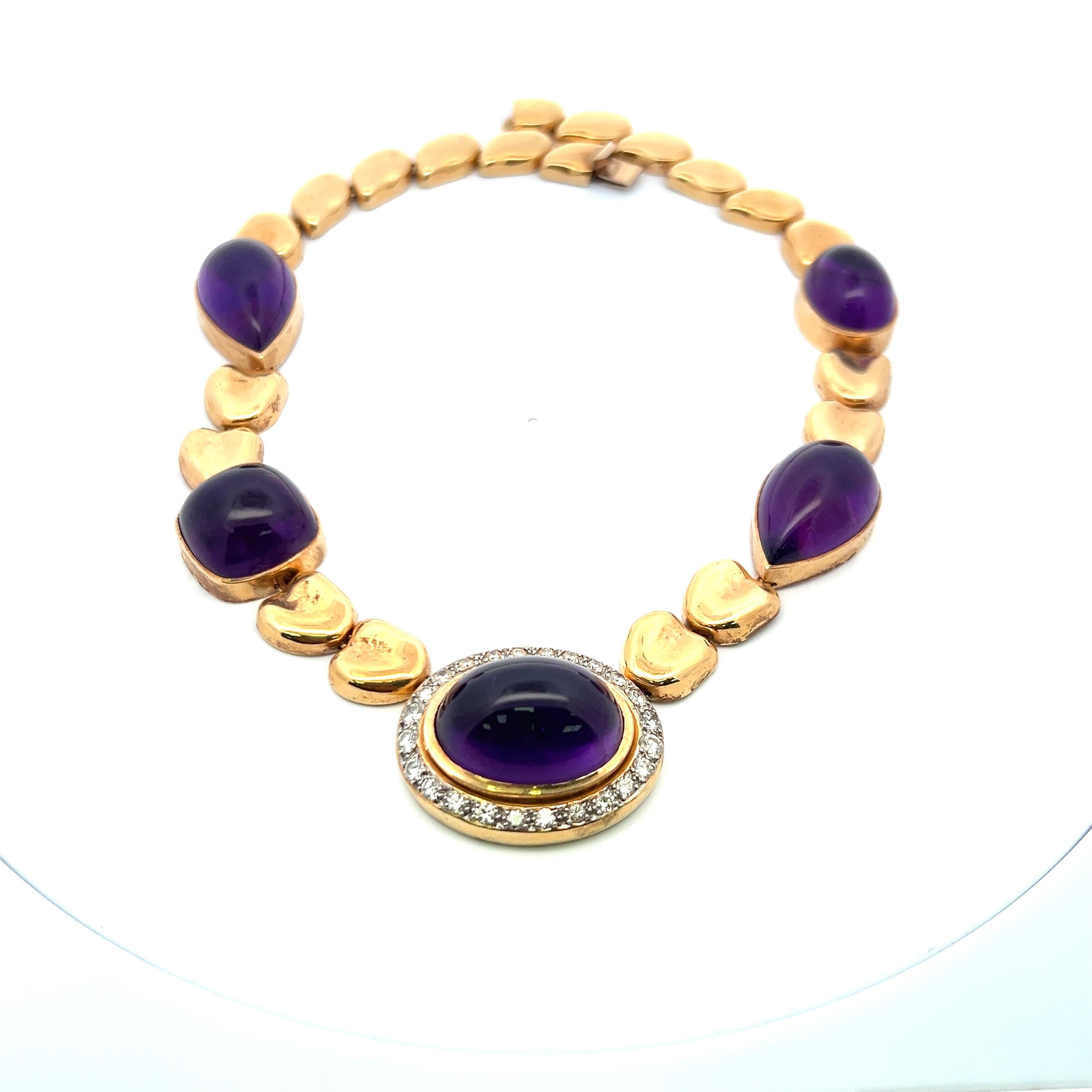 126ct Amethyst & 1.55ct Old European Cut Diamond Necklace in 18K Gold