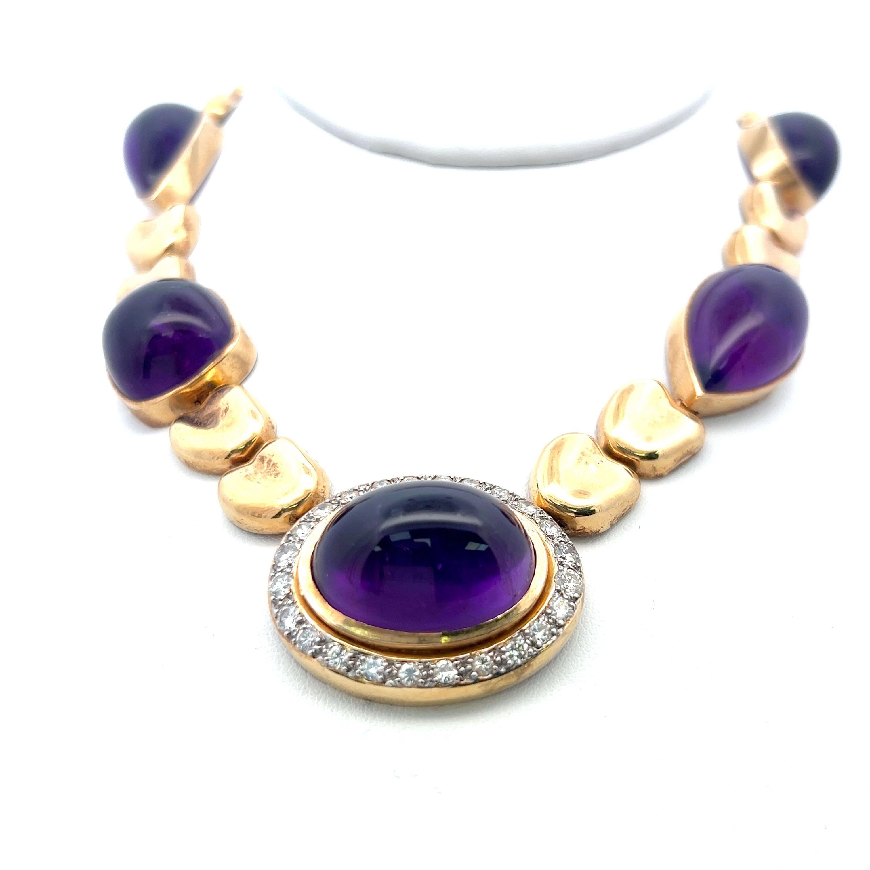 18K YG Statement Necklace with 1.55ct Old European Cut Diamonds 126ct Amethysts