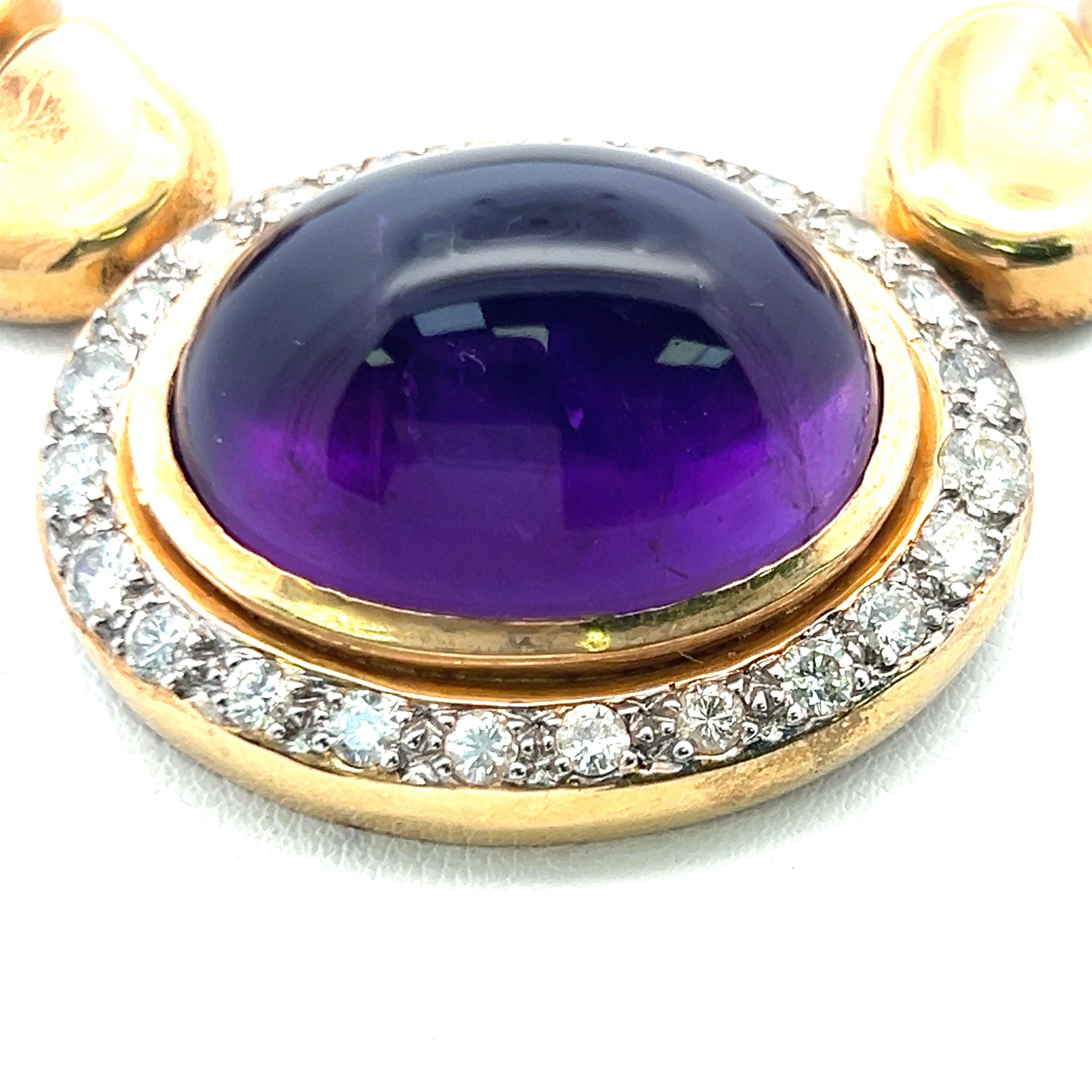 18K YG Statement Necklace with 1.55ct Old European Cut Diamonds 126ct Amethysts