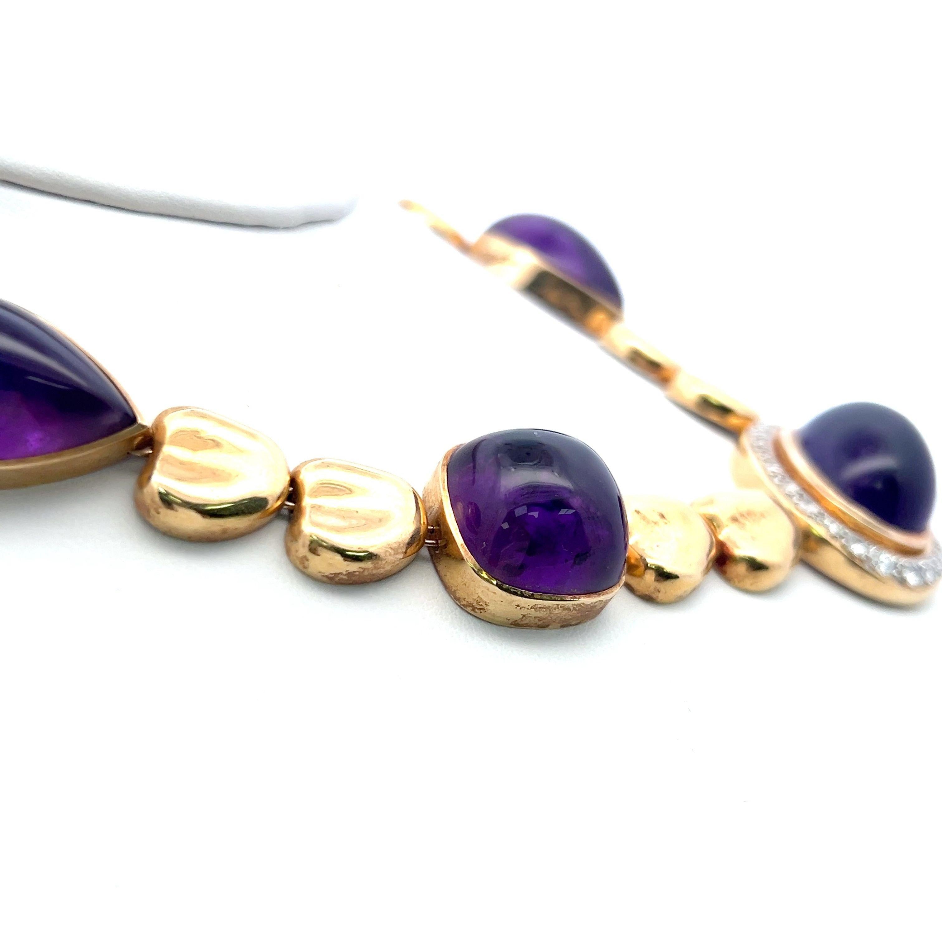 18K YG Statement Necklace with 1.55ct Old European Cut Diamonds 126ct Amethysts