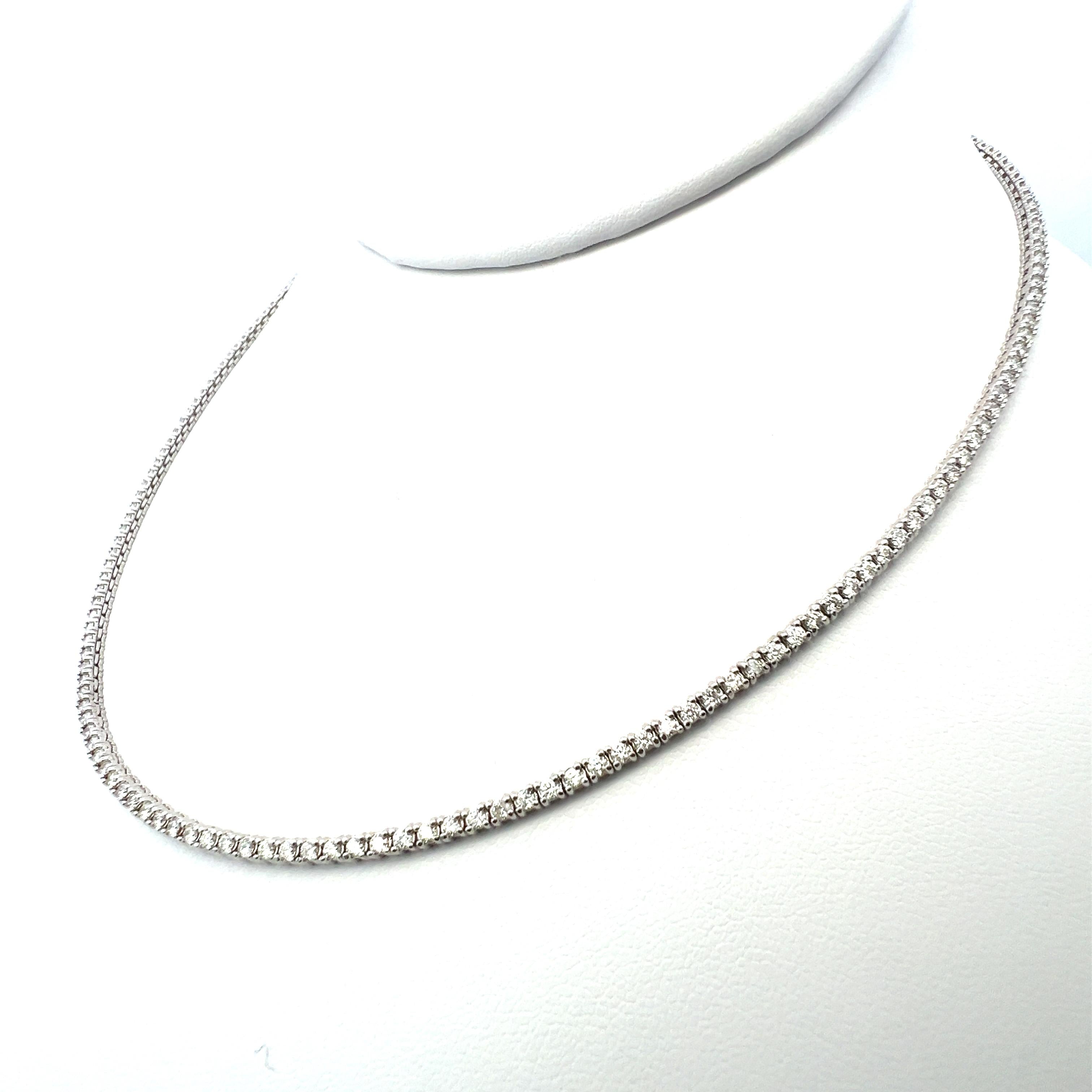 Vintage 14K White Gold Tennis Necklace with 3.22 Carat Round E VS2 Diamonds