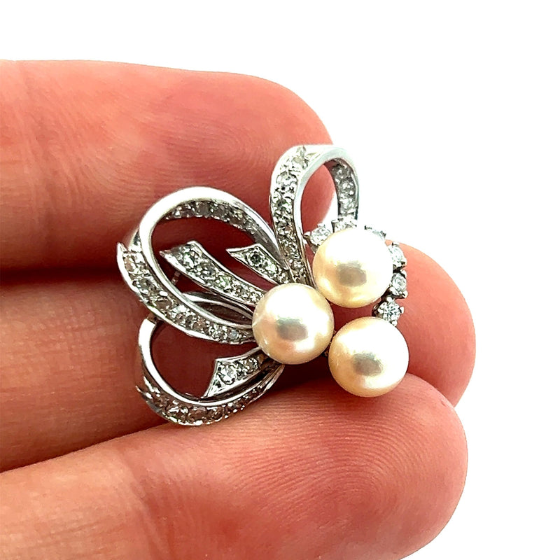 1.00 Carat Pearl 0.35 Carat Round Brilliant H SI1 Diamond Platinum Pin Brooch