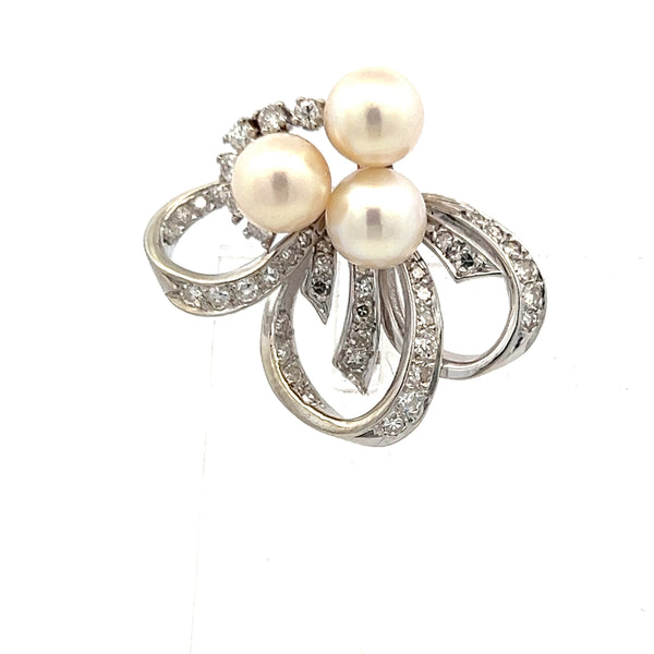 1.00 Carat Pearl 0.35 Carat Round Brilliant H SI1 Diamond Platinum Pin Brooch