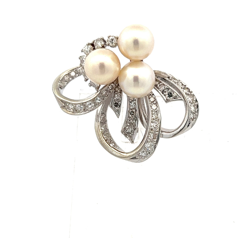 1.00 Carat Pearl 0.35 Carat Round Brilliant H SI1 Diamond Platinum Pin Brooch