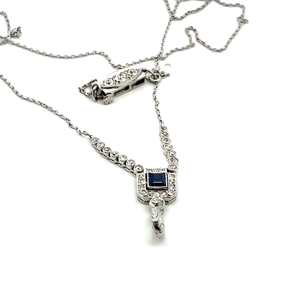 0.43 Carat Old European Diamond 0.25 Carat Sapphire Platinum Pendant Necklace