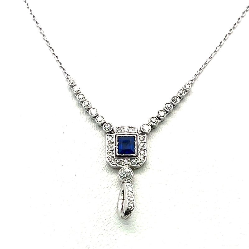 0.43 Carat Old European Diamond 0.25 Carat Sapphire Platinum Pendant Necklace