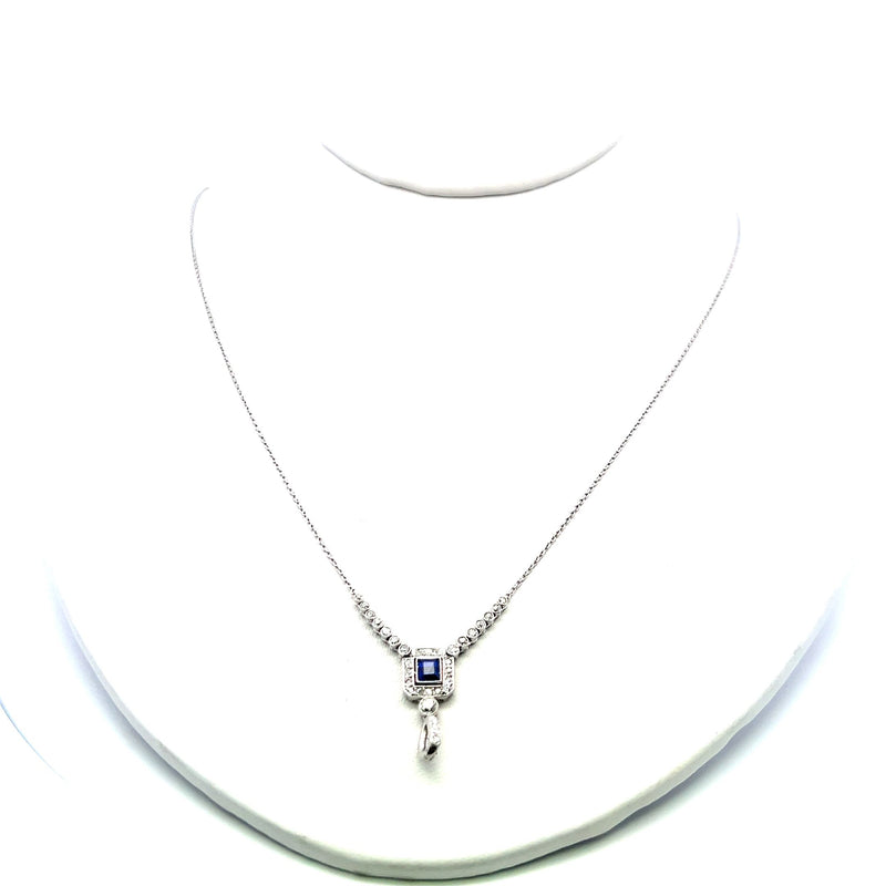 0.43 Carat Old European Diamond 0.25 Carat Sapphire Platinum Pendant Necklace