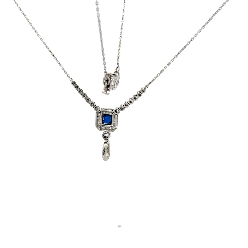 0.43 Carat Old European Diamond 0.25 Carat Sapphire Platinum Pendant Necklace