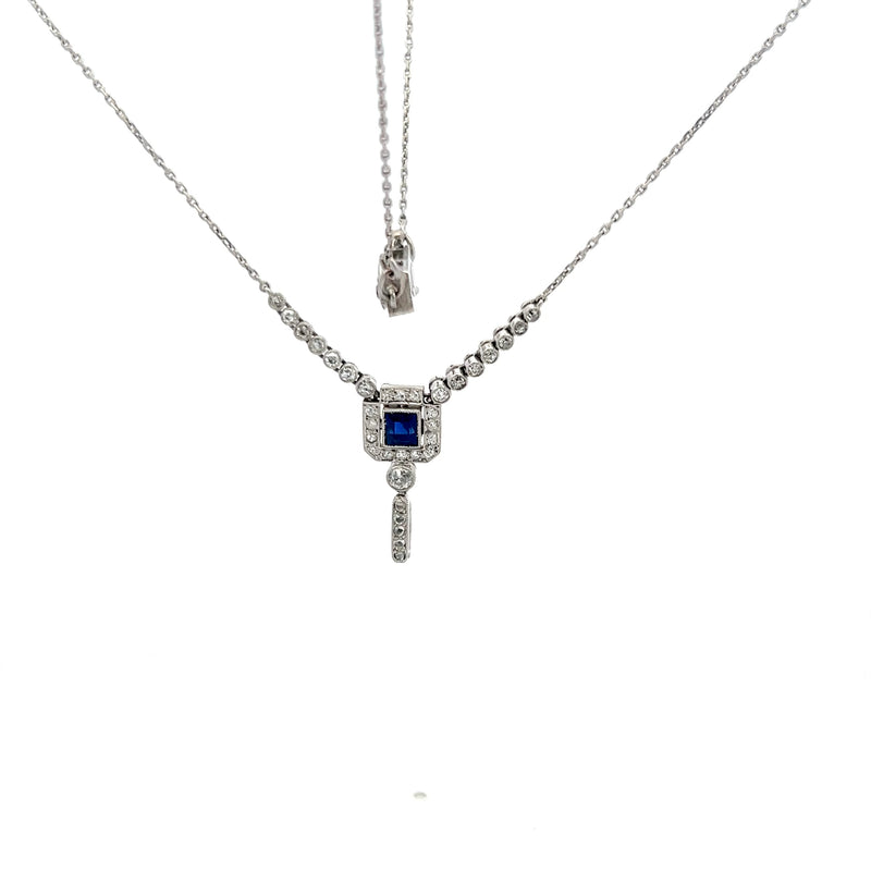 0.43 Carat Old European Diamond 0.25 Carat Sapphire Platinum Pendant Necklace