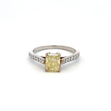 1.37 Carat Radiant Cut Fancy Yellow and Round Diamond 18K Gold/Plat Engagement Ring