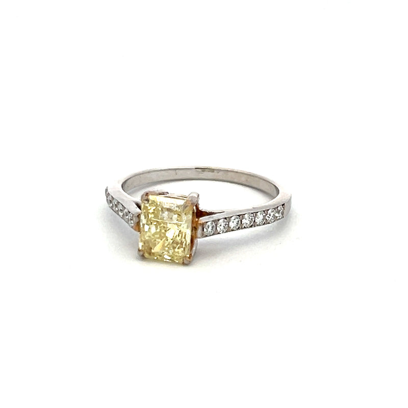 1.37 Carat Radiant Cut Fancy Yellow and Round Diamond 18K Gold/Plat Engagement Ring