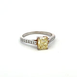 1.37 Carat Radiant Cut Fancy Yellow and Round Diamond 18K Gold/Plat Engagement Ring