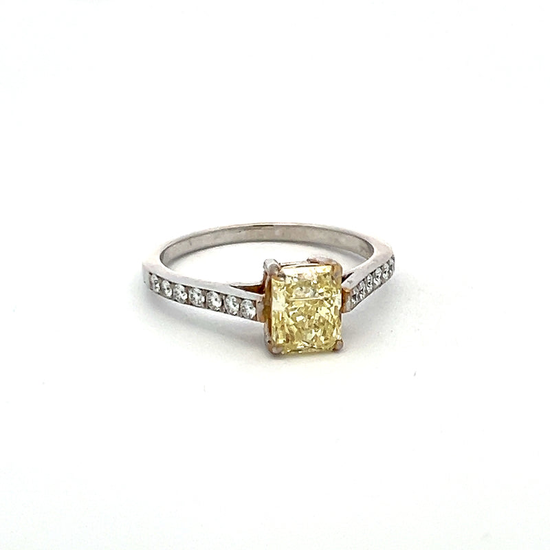 1.37 Carat Radiant Cut Fancy Yellow and Round Diamond 18K Gold/Plat Engagement Ring